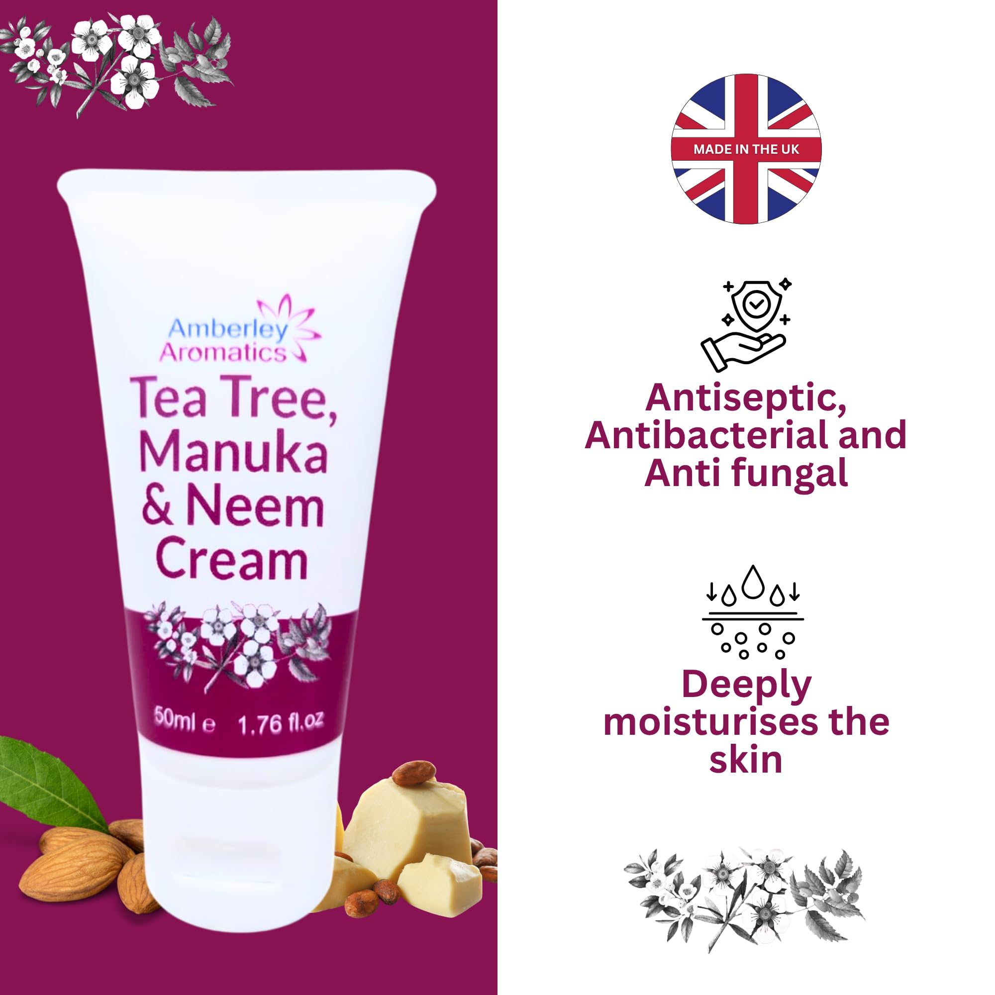 Tea Tree, Manuka & Neem Cream-Moisturising 50ml, Nourishing, for Dry Chapped & Cracked Skin, Eczema, Psoriasis, Anti-fungal - Image 2