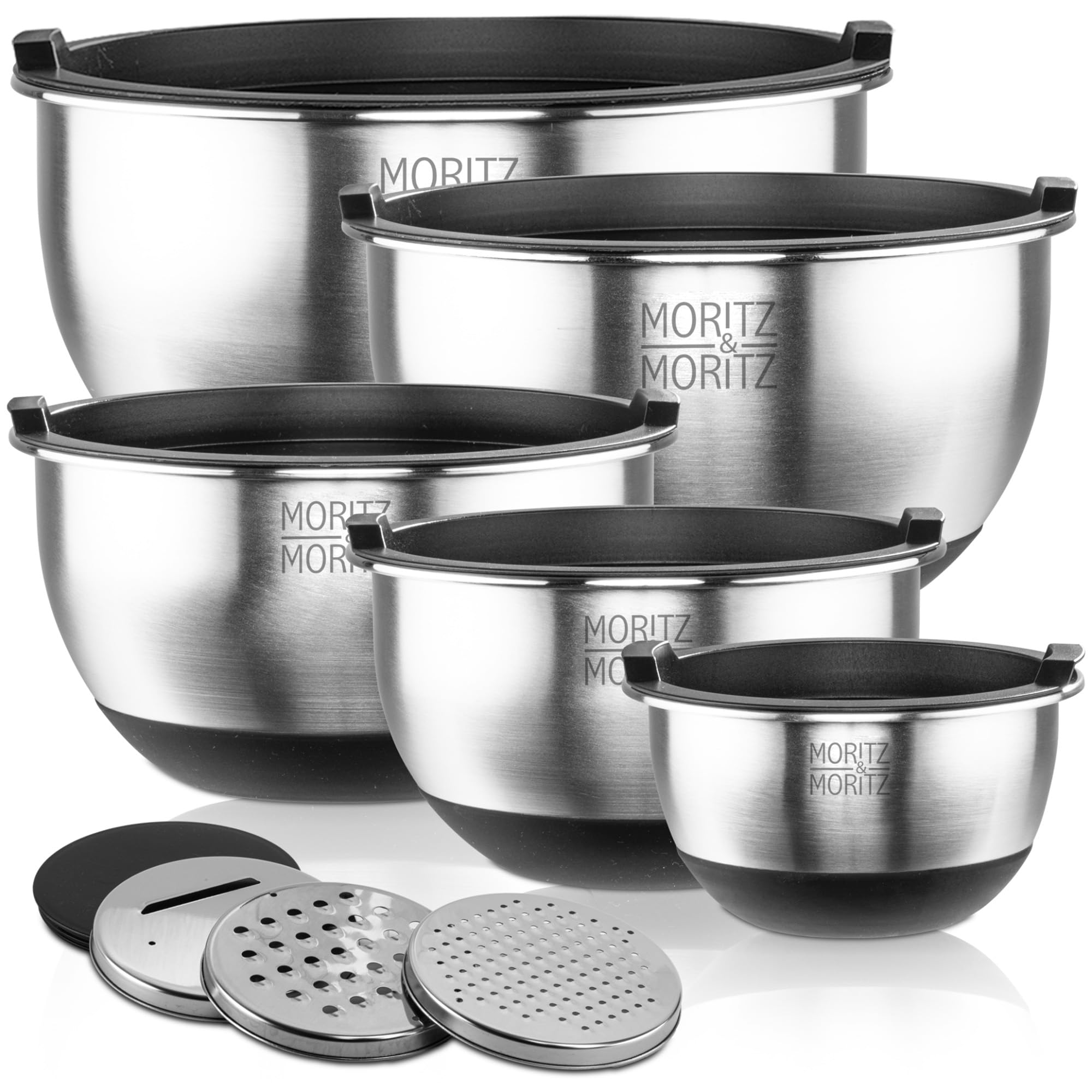 Moritz & Moritz 5er Rührschüssel mit Deckel - 0,6 bis 4,5L - Edelstahl mit BPA-freien Anti-Rutsch-Böden - Stapelbare Salatschüssel mit Deckel und 3 Reibeinsätze - Spülmaschinengeeignet