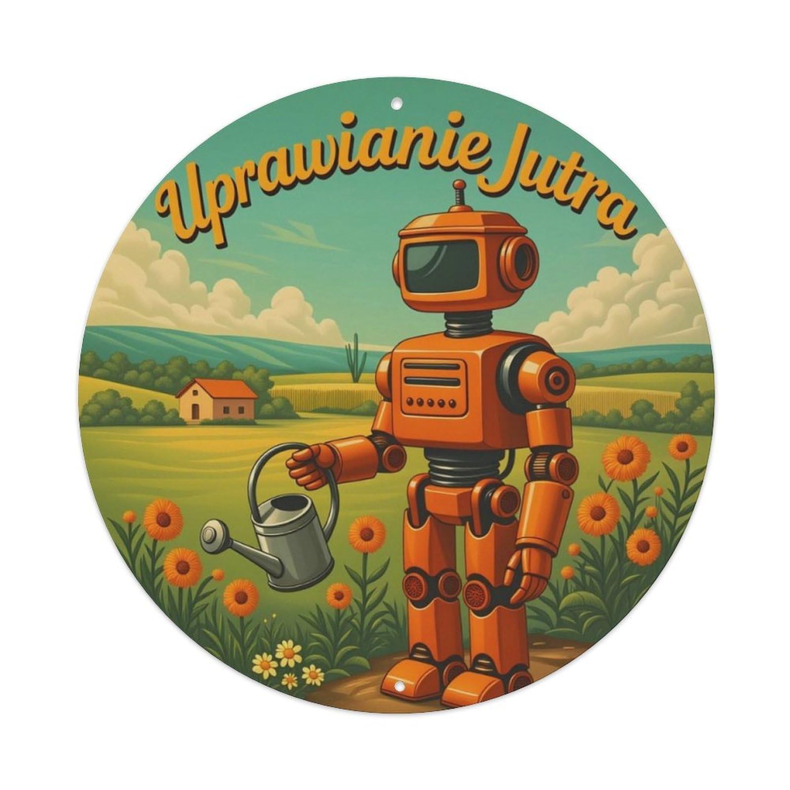 Vintage Farm Gardening Robot Round Sign Vintage Aluminium Metal Sign, Retro Wall Decor for Home, Bar, Garage & Farmhouse 20x20cm