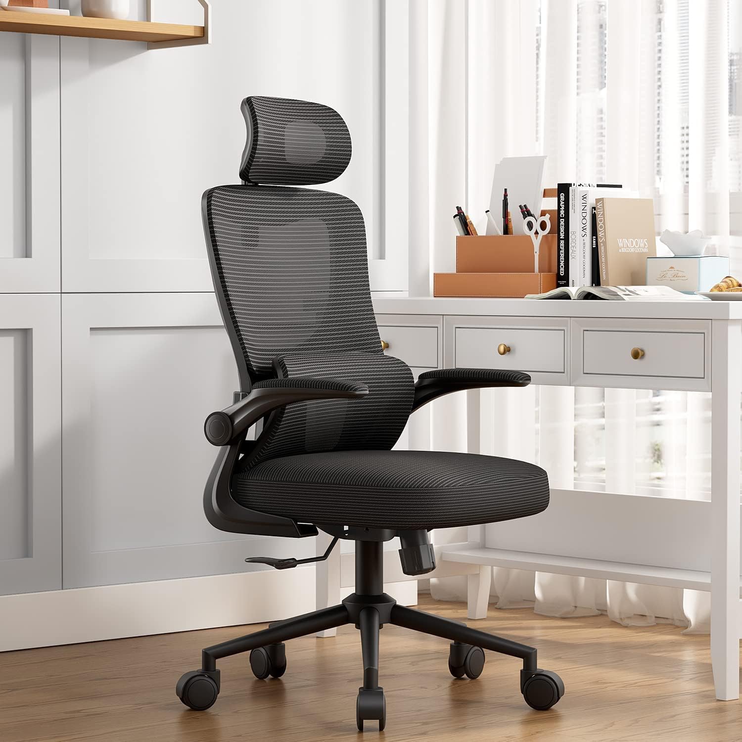 LIYURUI Silla de Oficina Ergonomica, Grande y Alta con reposabrazos Plegables, Soporte Lumbar Ajustable Silla Escritorio, Silla Oficina ergonómica para Uso Doméstico, Capacidad de Carga 150KG