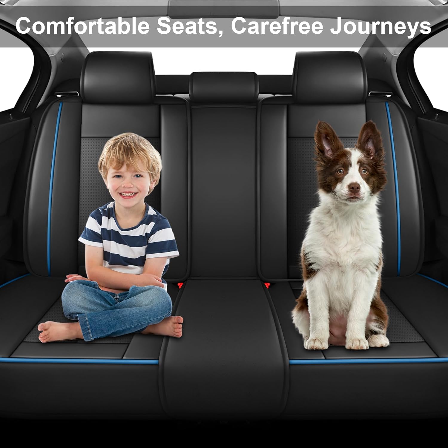 Upgraded Car Seat Covers for Dodge Challenger 2008-2023, Wear-Resistant Front and Rear Split Bench Auto Seat Protectors, Easy to Clean (Full Set, Black&Blue)