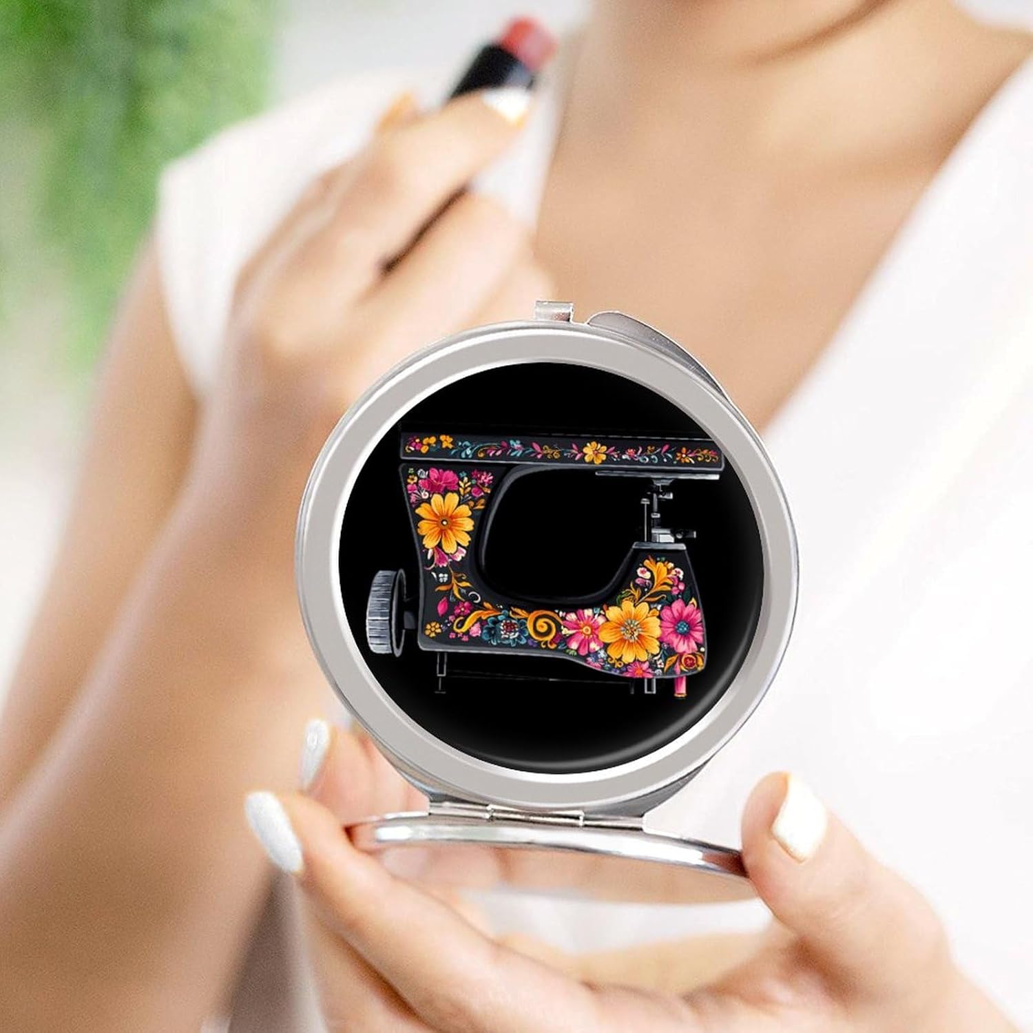 Flower Seamstress Sewing Machine Compact Makeup Mirror Mini Foldable Cosmetic Mirror Portable Travel Mirror for Purse Pocket