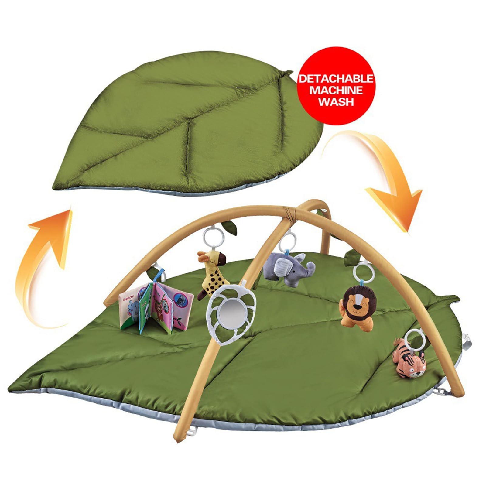 FOLODA Geräumige 142 x 90 cm große Krabbelmatte mit verstellbarem rundem und interaktivem Spielzeug, grüne Spielmatte für Babys