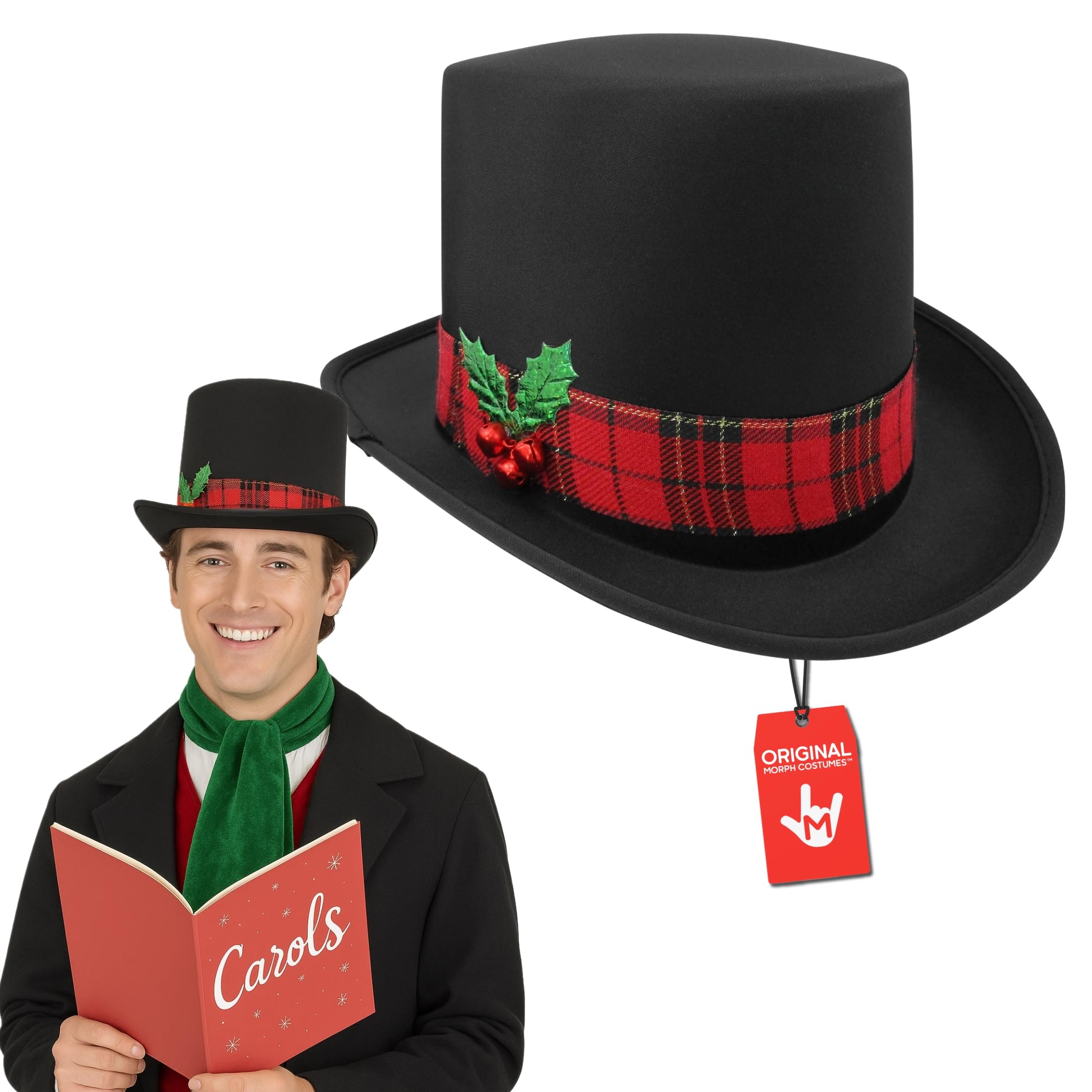 Morph Black Christmas Top Hat, Snowman Hat for Men With Plaid Band & Berries, Pilgrim Hats, Victorian TopHat For Adults, Ugly Christmas Sweater
