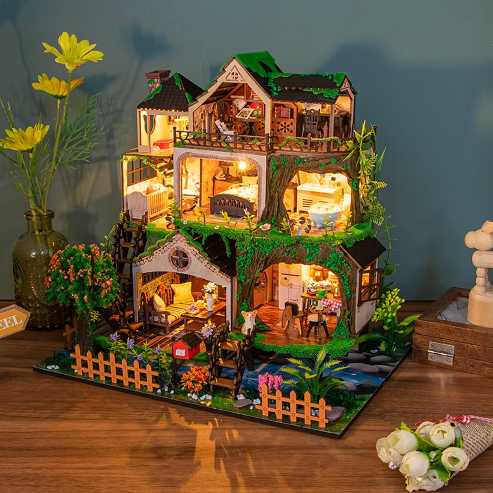 DIY Miniatur Puppenhaus Kit Multi Loft Haus Holz Miniaturen Haus Handwerk DIY Modellbausätze Weihnachten Geburtstag Geschenke für Männer und Frauen Freund (mit Staubschutz)