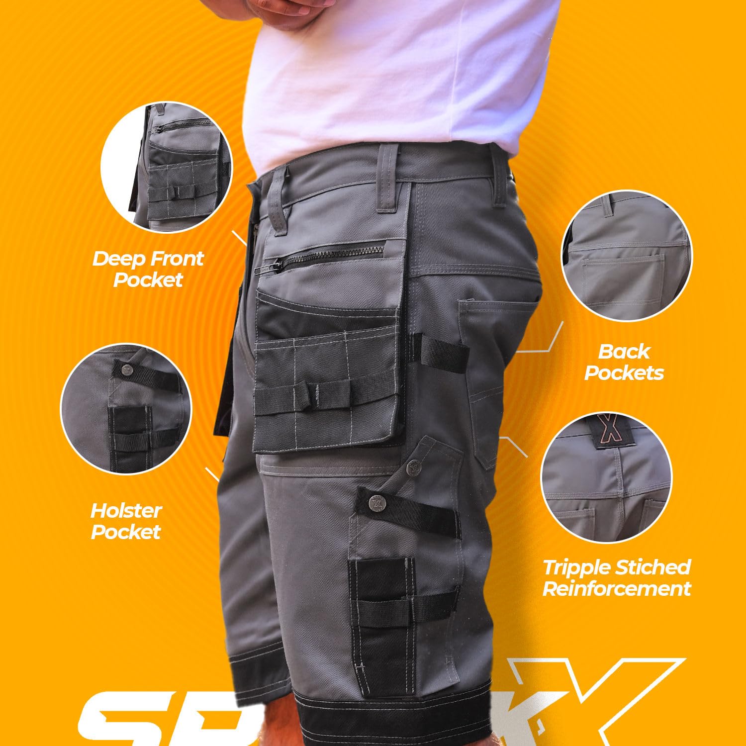 SparkX - Pantalones cortos de trabajo para hombre, ropa de trabajo resistente, con múltiples bolsillos, utilidad y seguridad, pantalones cortos de verano de combate - triple costura, transpirables y