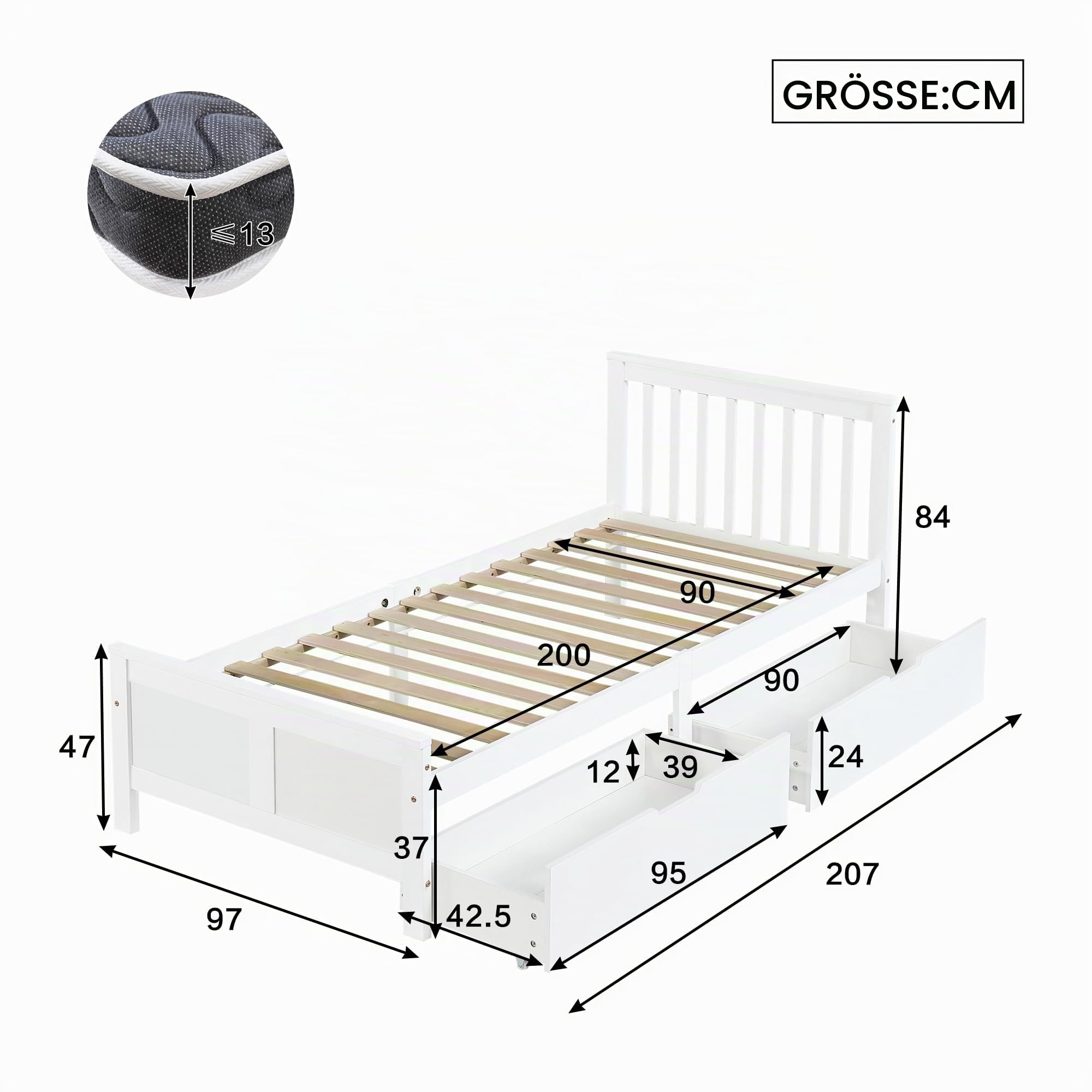ModernLuxe Bett 90 x 200cm mit Schubladen, Einzelbett/Doppelbett mit Lattenrost und Kopfteil Bettgestell Holzbett Jugendbett Massivholz Bett (90 x200 cm)