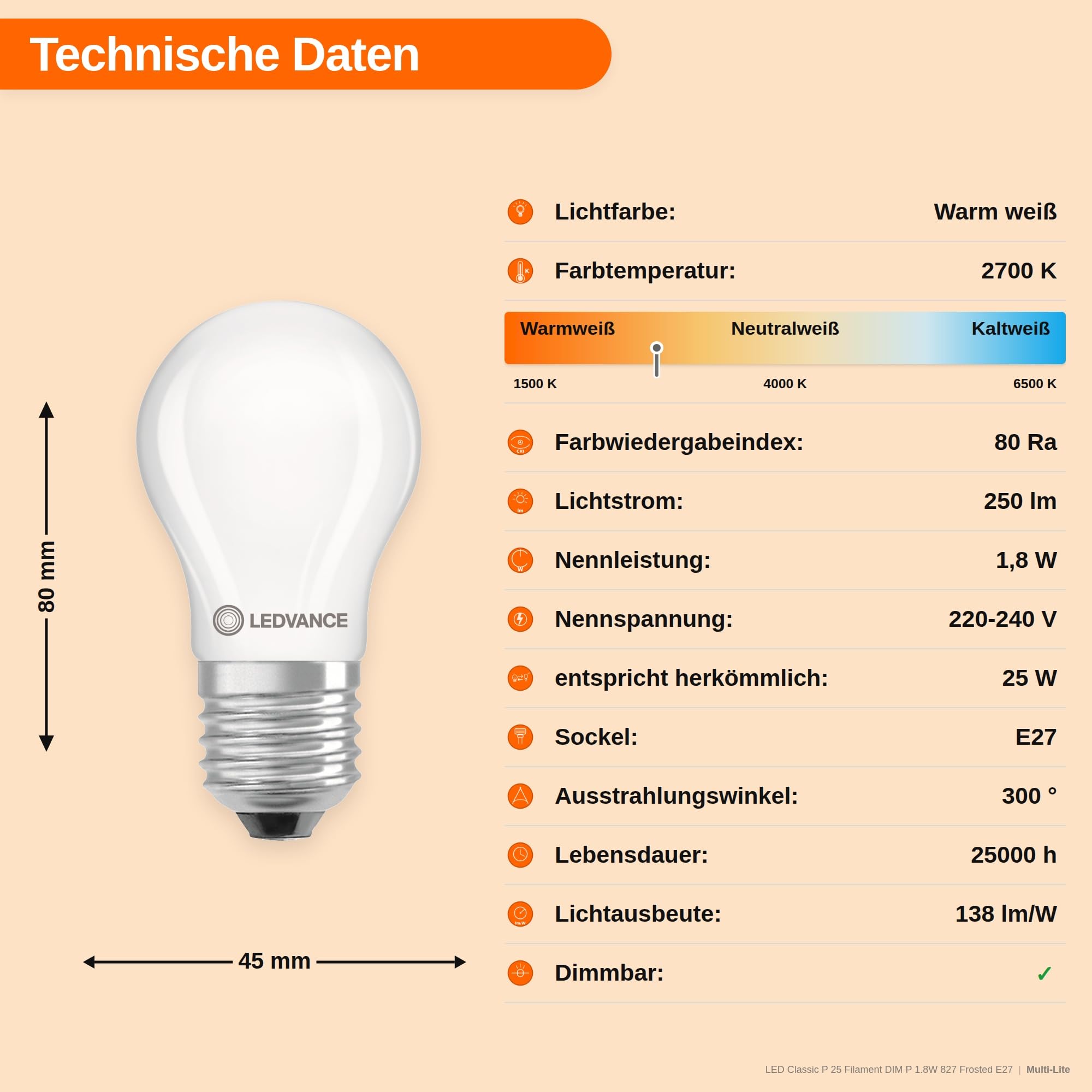 LEDVANCE LED Classic P 25 Filament Dimmbar, 1,8W, 827 Warmweiß, E27, Mattiert, 250 Lumen 10 SPARPACK