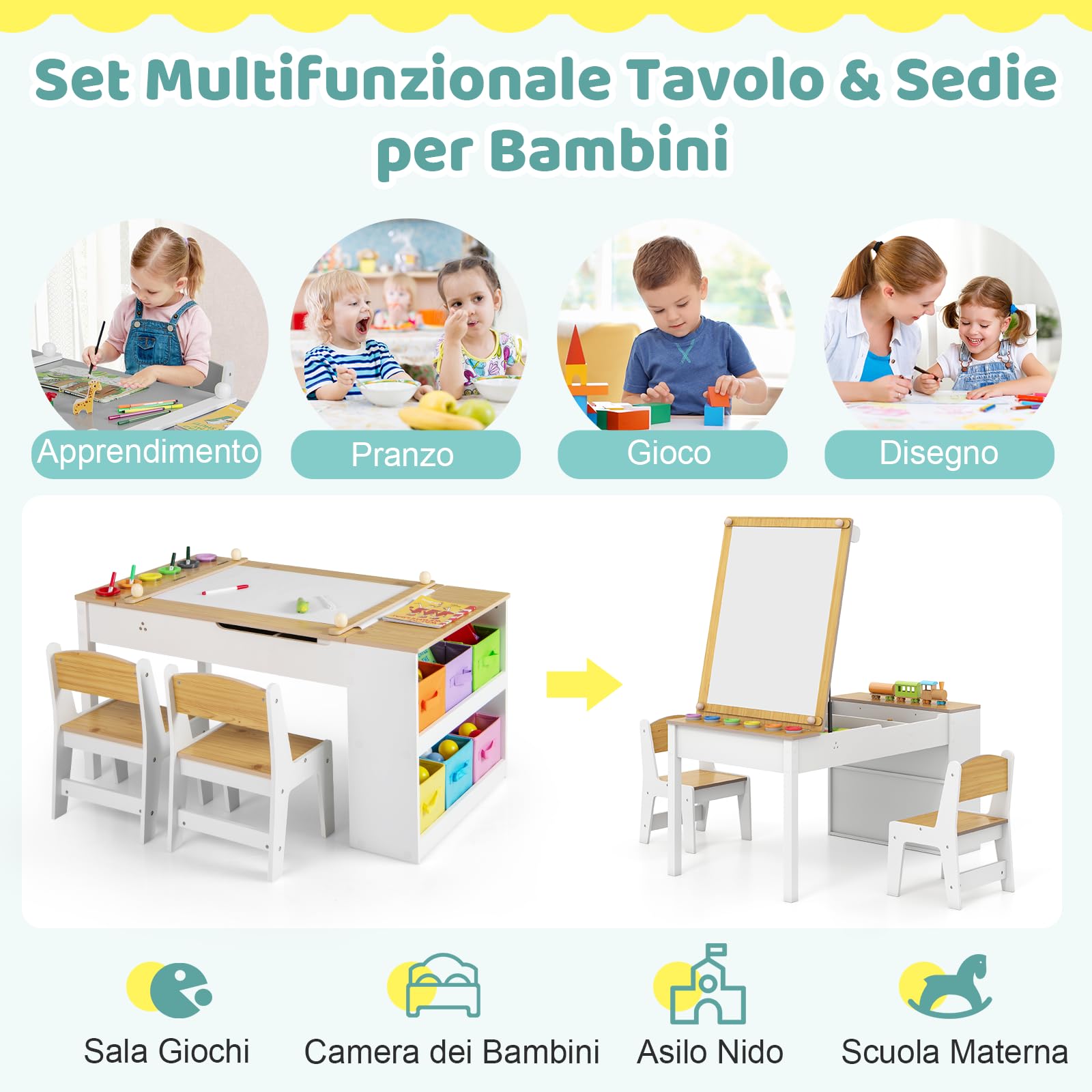COSTWAY Set Tavolo da Disegno e Cavalletto per Bambini 3+ Anni con 2 Sedie, Tavolo Multifunzione in Legno con Piano Sollevabile, Rotolo di Carta, 6 Bicchieri di Vernice (Naturale)