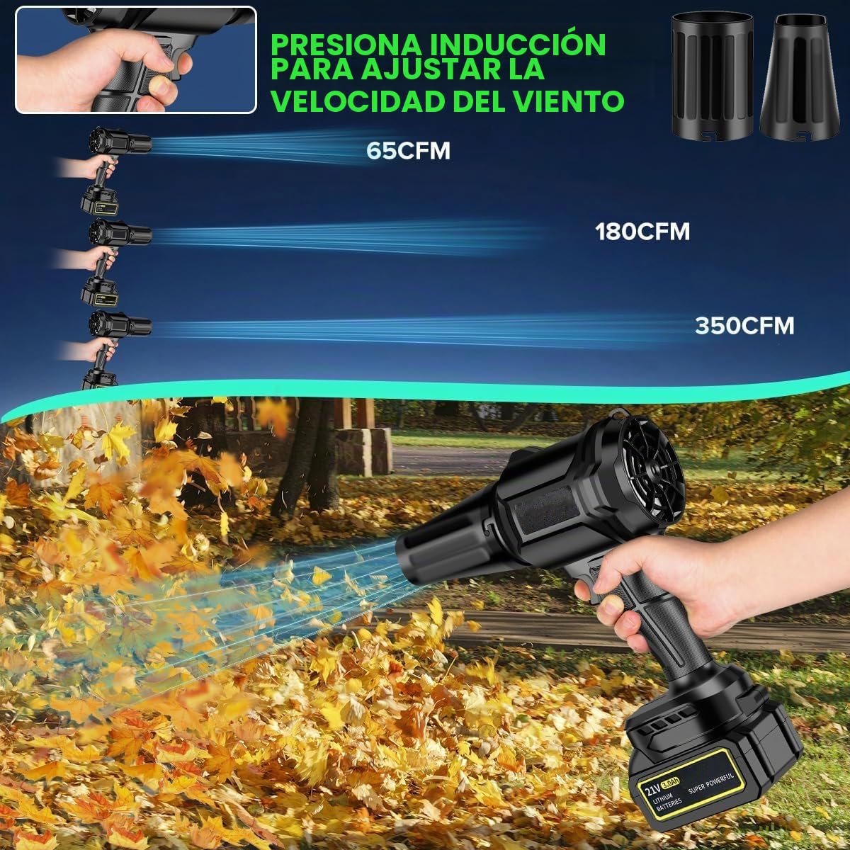 Soplador de hojas inalámbrico, 300000 RPM,2 baterías de 3,0 Ah y cargador incluidos, 30 m/s, flujo de aire turbo, sin escobillas, ligero y portátil para jardín, patio, coche y camping (Nero)