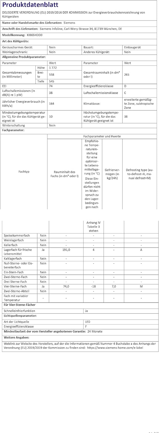 Siemens KI86SHDD0 iQ500 - Frigorifero da incasso/D / 164 kWh/anno / 265 l/LowFrost/hyperFresh Premium 0° / illuminazione LED