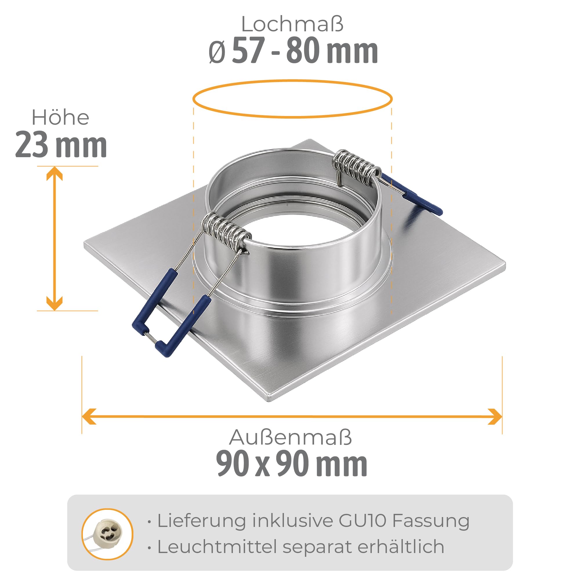 SSC-LUXon QW-2 Bad Einbaustrahler 6 Stück eckig Alu IP44 | Sechs eckige Bad-Deckenspots gebürstet spritzwassergeschützt IP44 - GU10 Fassung, geringe Einbautiefe 23mm (ohne Lampe)