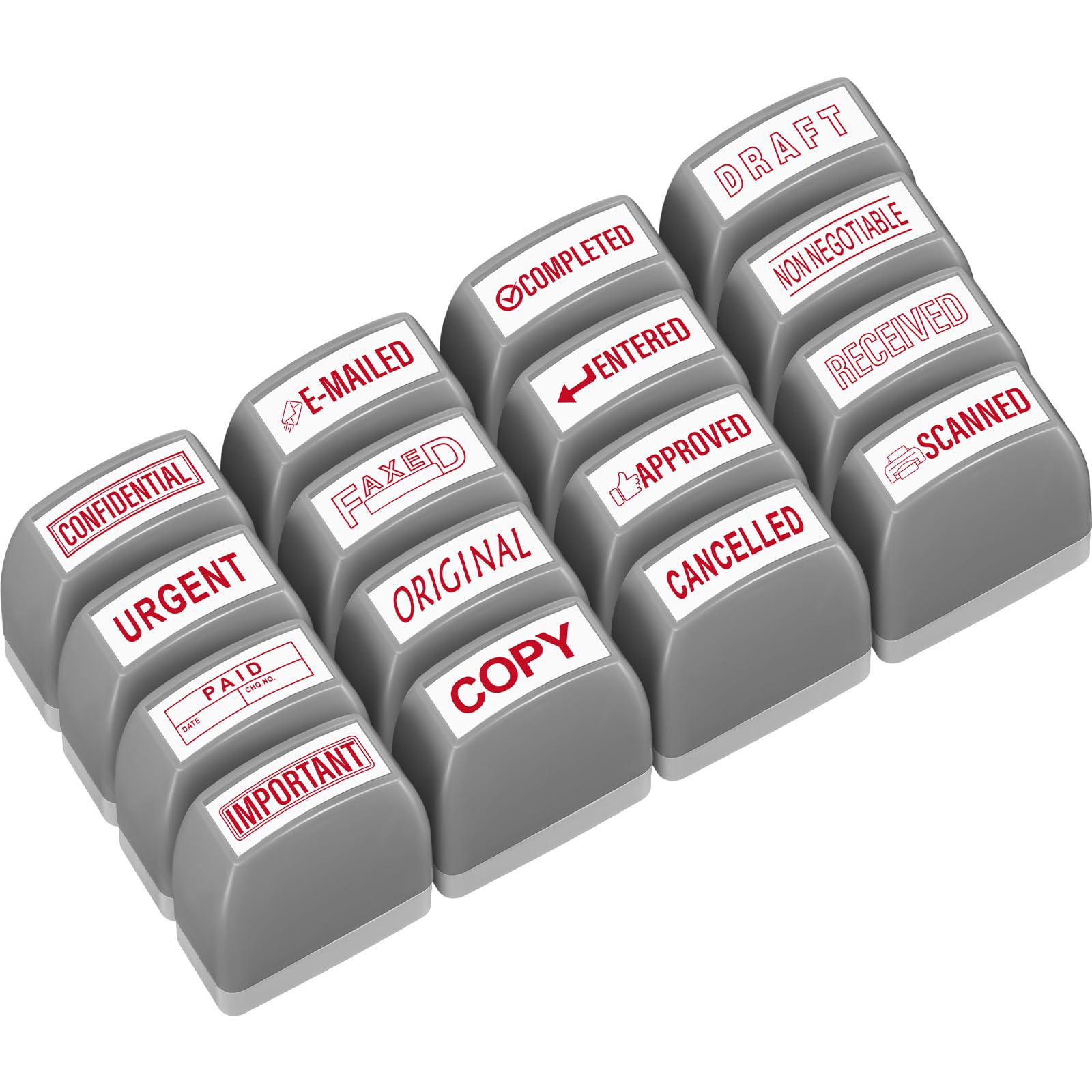 Crtiin 16 Pcs Office Stamp Set Message Self Inking Rubber Stamp Set for Office Stamps Completed Faxed Scanned Stamps for Message Supplies(Red, Grey)