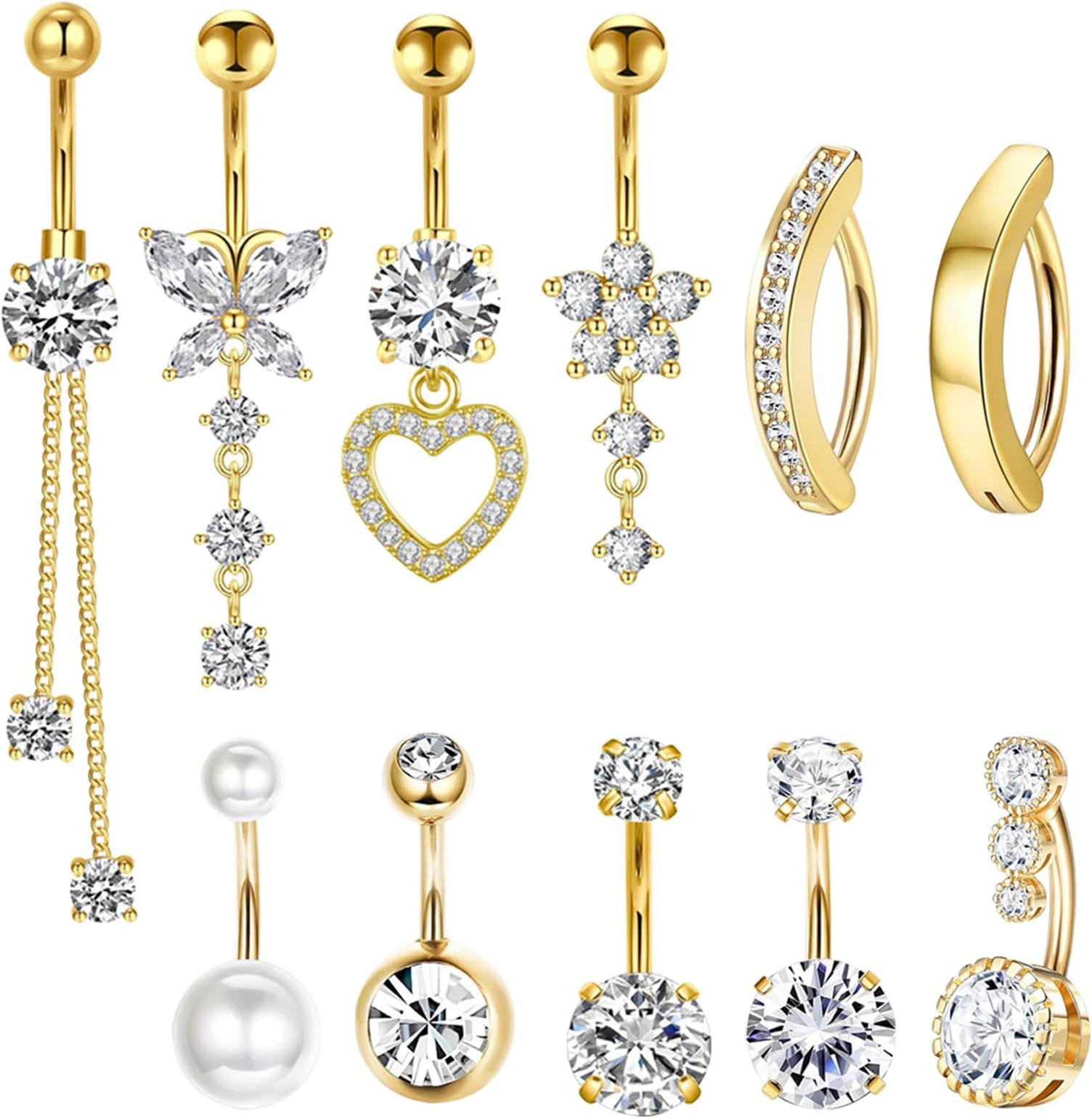 DAVBNM 11 Pcs Belly Button Bars Dangly Belly Bars Set,Belly Button Rings Belly Button Piercing,Barbell Navel Bars Piercing Jewelry,Flower Butterfly Dangly Belly Button Bars Navel Bars Set for Women