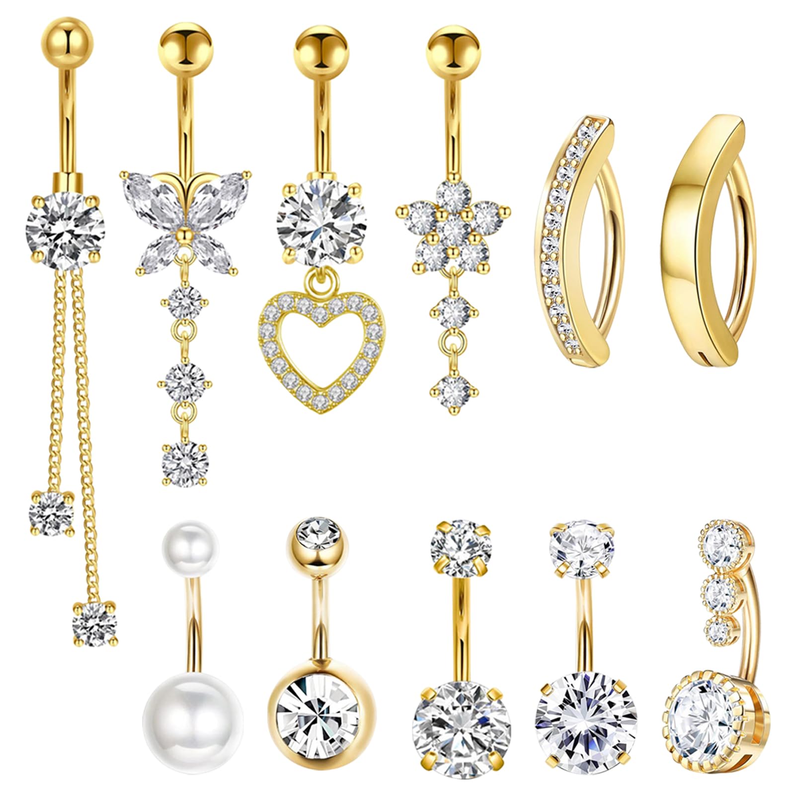 TYXHXTF 11 Piercing Nombril Percing Au Nombril, Piercing Nombril Anneau Percing Nombril, Corps Piercing Bijoux Barbells, Coeur Papillon Anneau De Nombril Bijoux De Piercing Au Ventre Pour Femme, Or
