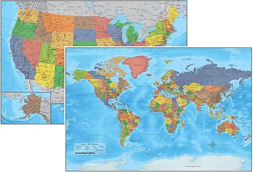 Póster laminado de Estados Unidos y mapa del mundo 24 x 36 detallado 3D duradero hasta la fecha Ideal para aula profesor estudiante hogar negocios
