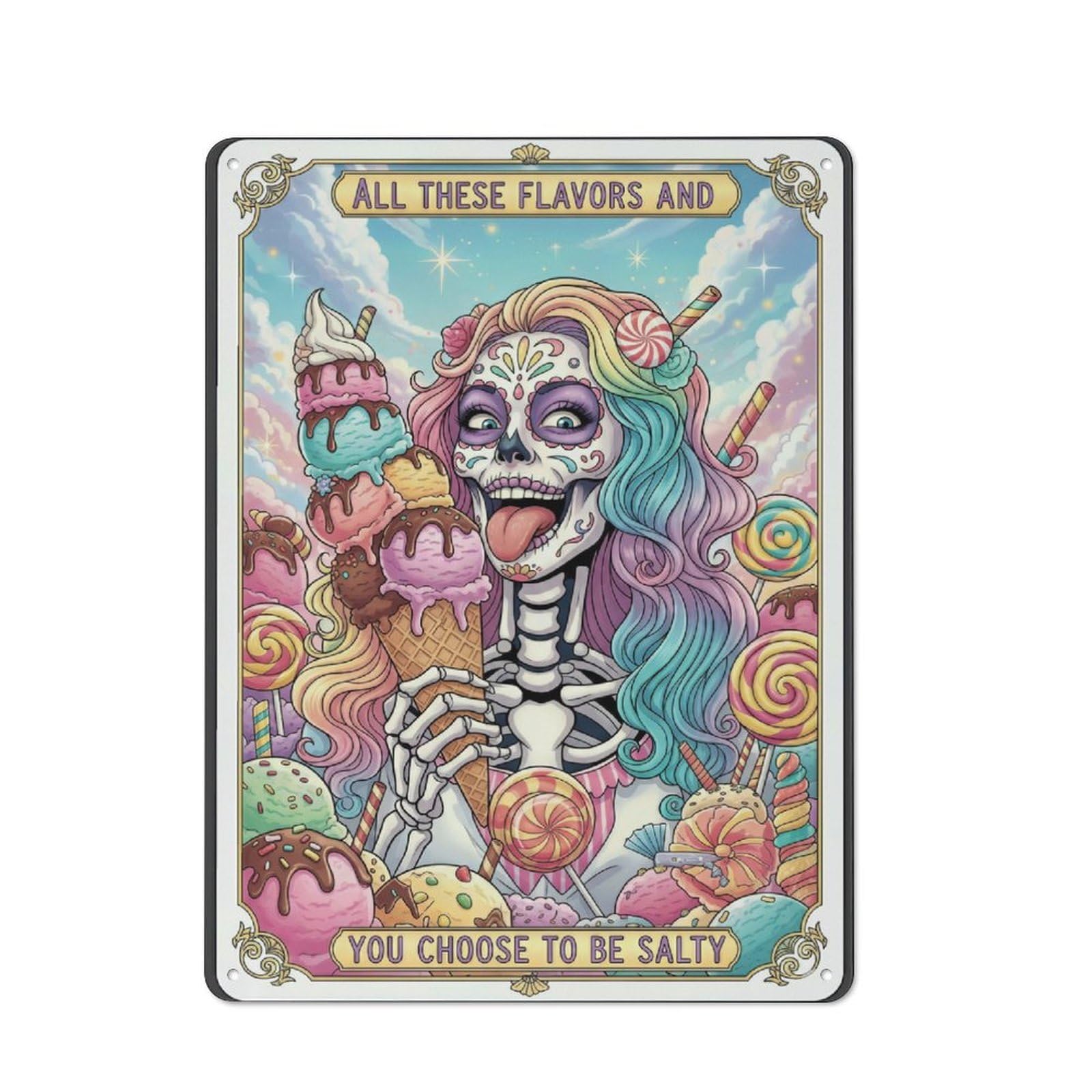Junmoney Candy Skull With Ice Cream Vintage Metal Wall Sign 40X30cm For Café Or Restaurant, For Metal Sign Collectors, For Garage And Workshop Walls