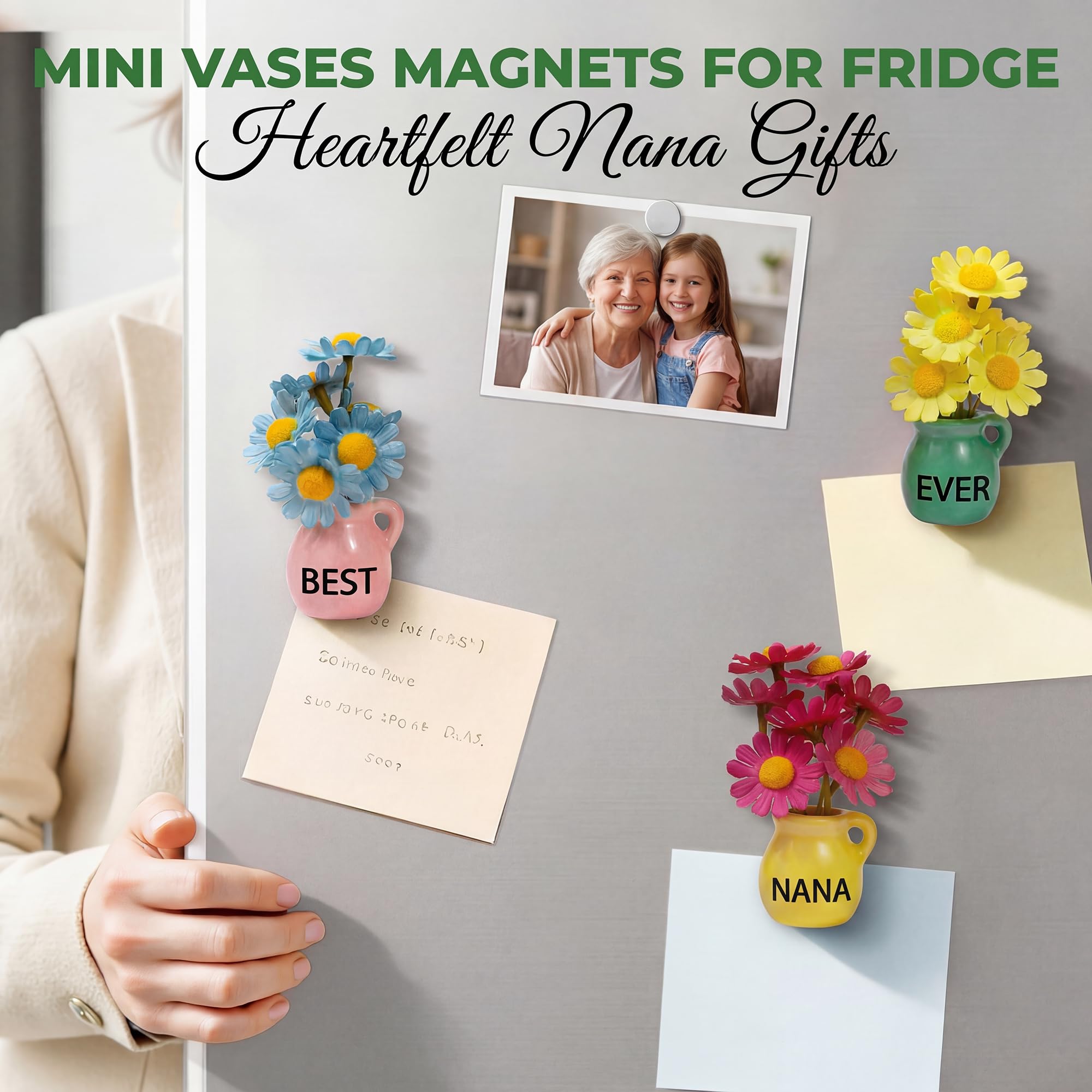 Nana Gifts - Mini Vase Magnets for Fridge, Best Nana Ever 3-Piece Ceramic Magnet Set with Artificial Flowers, for Nana from Granddaughter/Grandson, Refrigerator Magnets for Kitchen