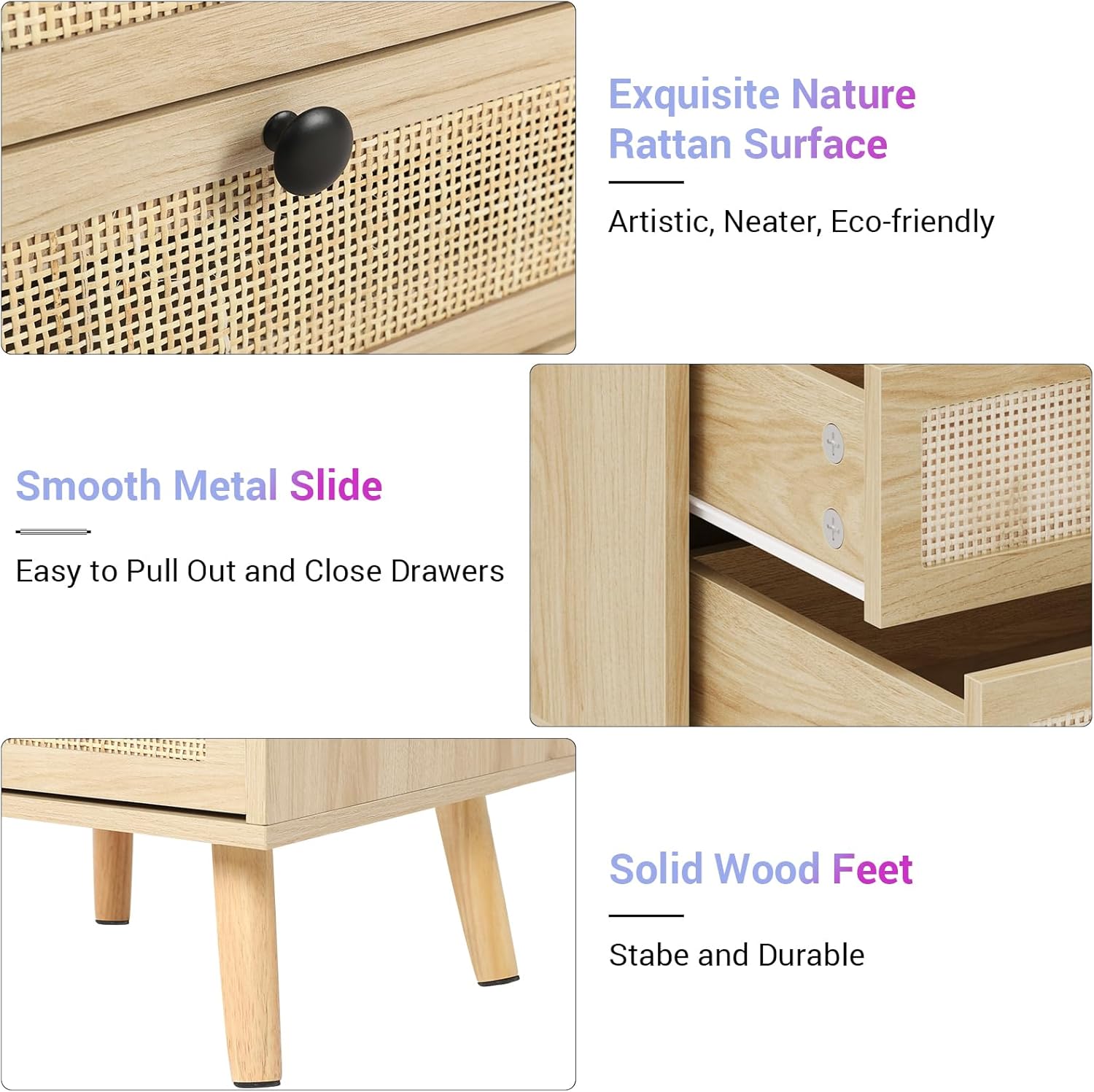 AOGLLATI Rattan Nightstands Set of 2 with Charging Station and LED, Boho Night Stand with 2 Drawers and Open Storage, Boho Wood Bedside Table for Bedroom