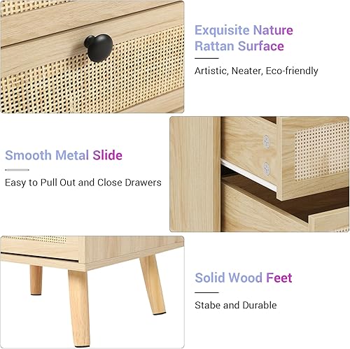 Miniatura 6 de AOGLLATI Mesita de noche de ratán con estación de carga y luces LED, mesita de noche LED para dormitorio, mesa auxiliar de madera con puertos USB,