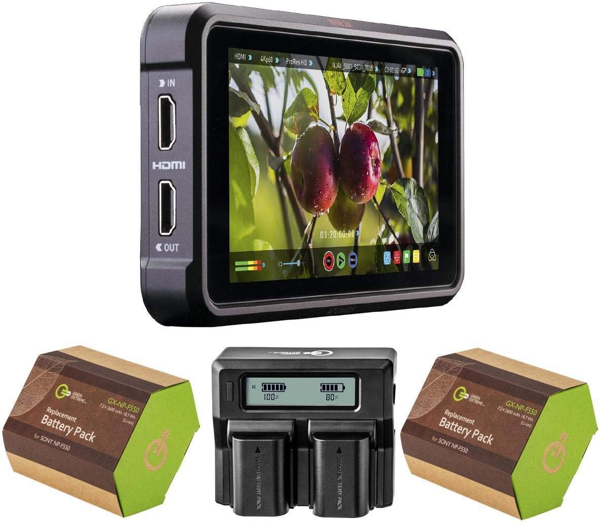 Atomos Ninja V 5" Touchscreen Recording Monitor, 1980x1080, 4K HDMI Input - Bundle with 2 Pack Green Extreme NP-F550 Battery Pack, Dual Charger