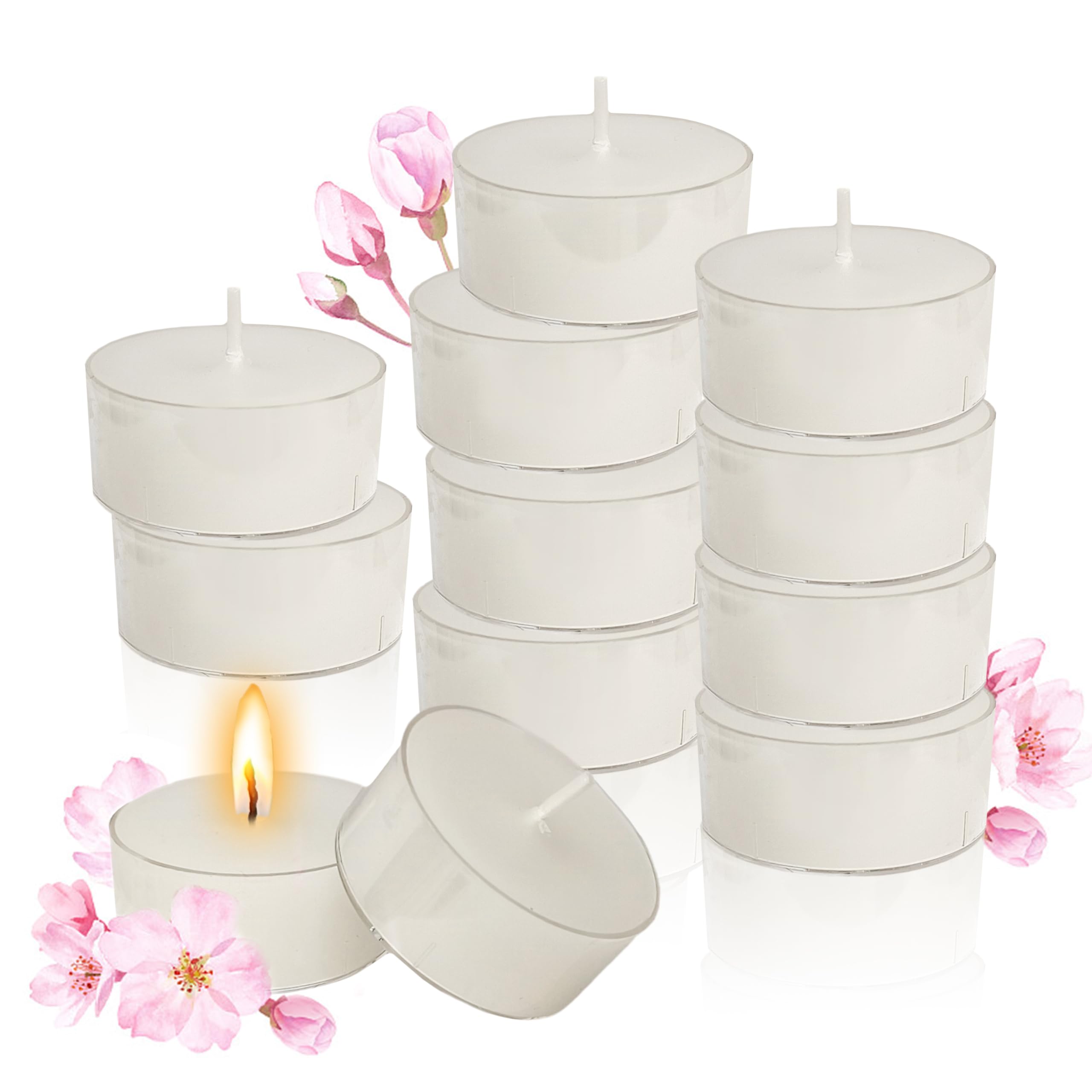 桜の香りティーライトキャンドル ミニアロマキャンドル 24個 円形 Tealight Candles 透明カップ蝋燭 燃焼5-6時間 家の装飾 暖茶 安息日 結婚式 緊急用 キャンドルセット (White-桜の香り)