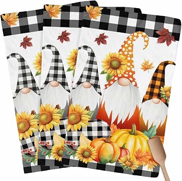 Autumn Pumpkin Cute Gnome Kitchen Towels 3 Pack,Microfiber Dish Towel Set Sunflower on Buffalo Check Soft Highly Absorbent Tea Hand Towel Quick-Drying Cleaning Towels Dish Cloths