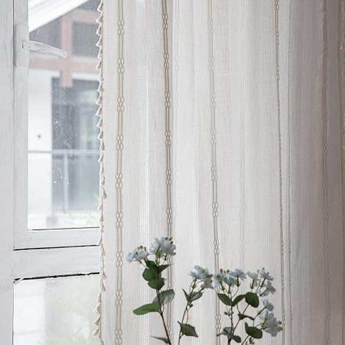 Miniatura 3 de 2 paneles de cortinas de lino semitraslúcida, bohemias y rústicas, con rayas bordadas y bolsillo para cortinero, para sala de estar y habitación