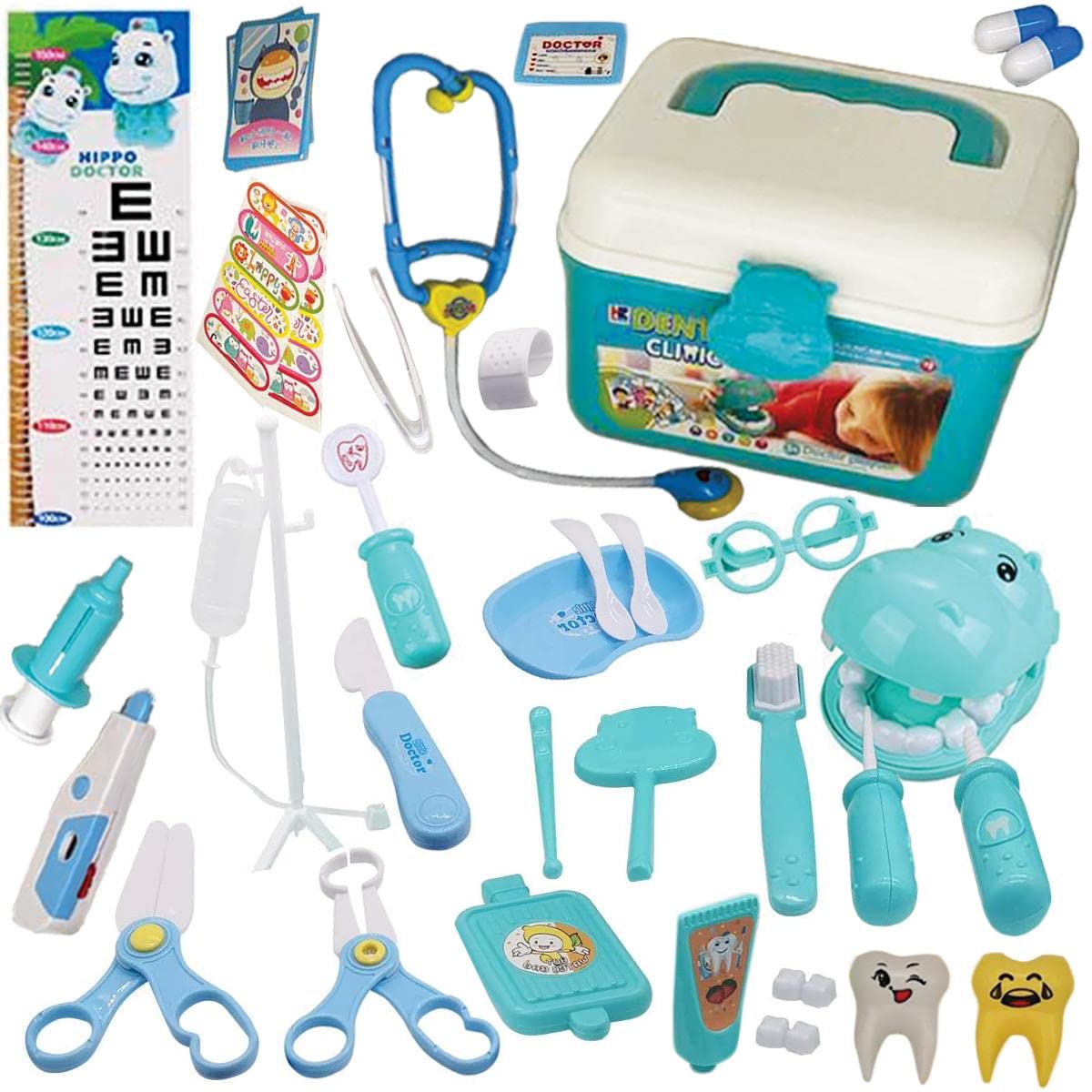 Koolbitz 38Pcs Dentist Toys for Kids Pretend Doctor Set including Dentist Kit and Dental Play Case, Hippo Teeth Model