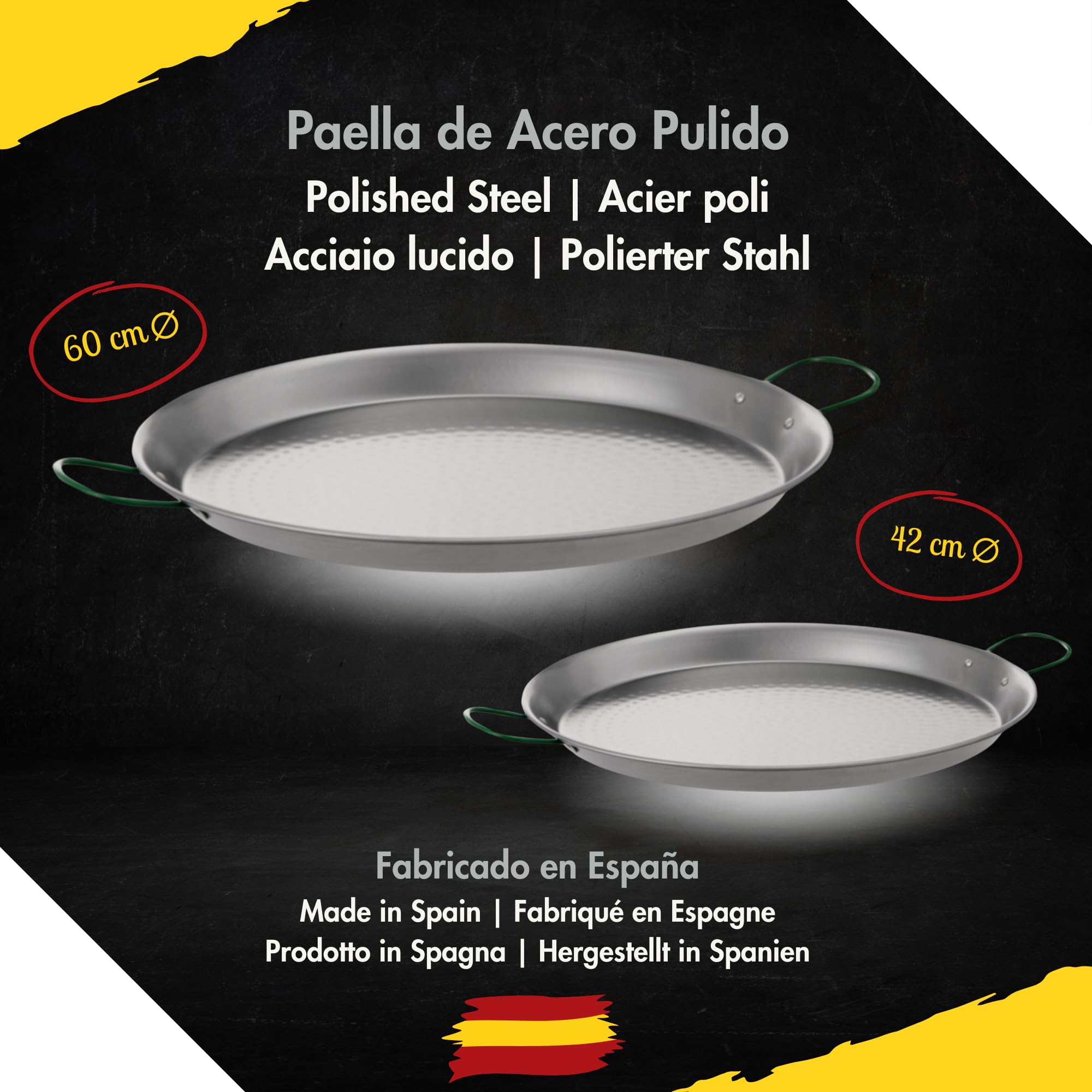 COMBOI Paellero gas butano 50 cm Kit bruciatore, paella 60 cm + paella 42 cm, supporto gambe rinforzate, livello, grembiule, ricettario digitale