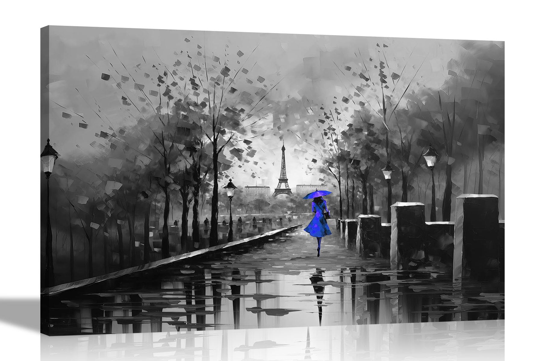 Artley Prints Blue Black And White Black And White Alone On A Wet Paris Day Blue Abstract Canvas Wall Art For Living Room, Bedroom - Ready To Hang Prints - City Pictures 60 X 40Cm (24 X 16 Inches) A2