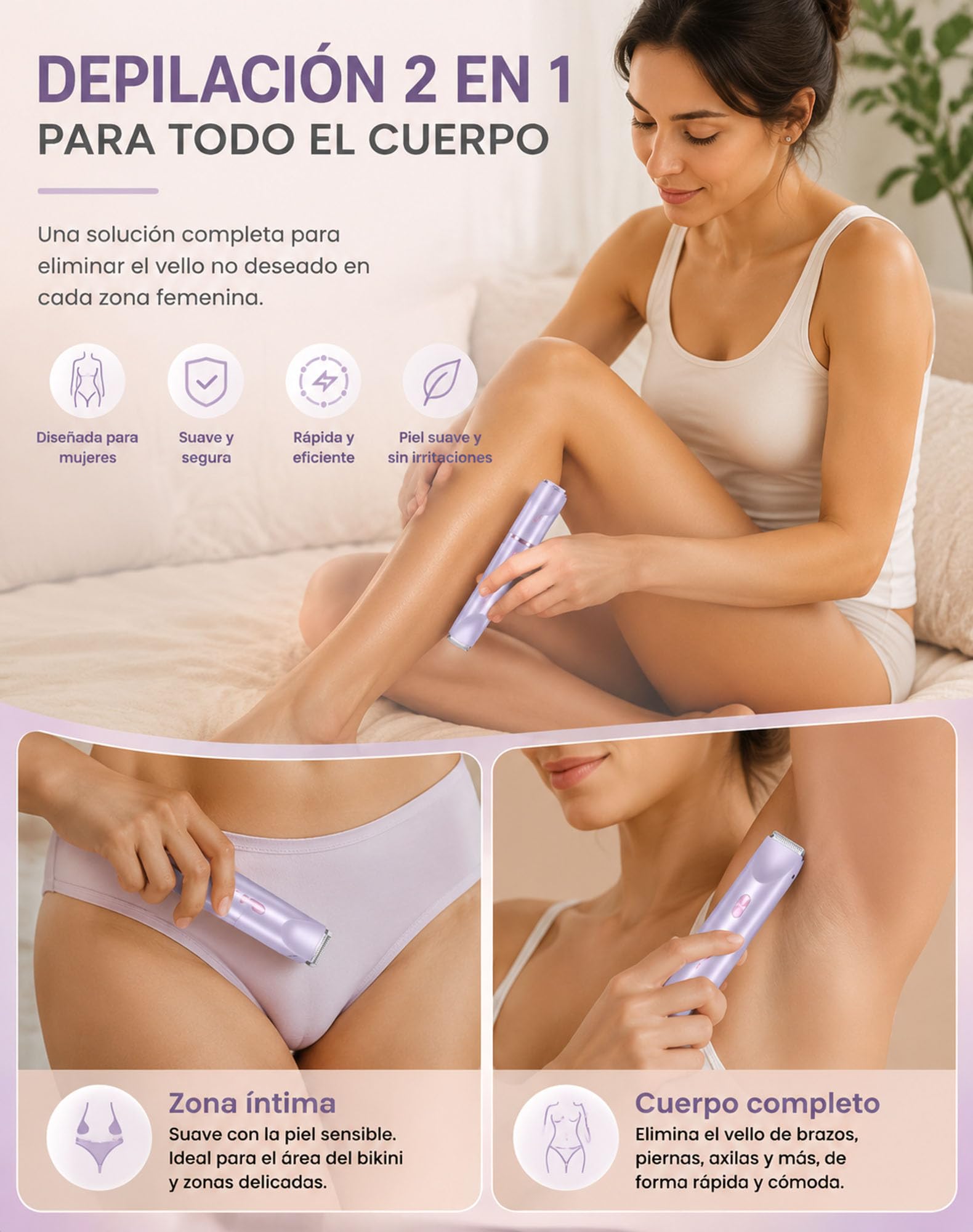 Razerly — Maquinilla 2 En 1 Para Bikini Y Cuerpo Razerly, IPX7 100% Waterproof Para Wet and Dry Use, Razerly Maquinilla Mujer 2 En 1 Con Cabezal Antirritación Para Resultado Suave Y Duradero (Morado)