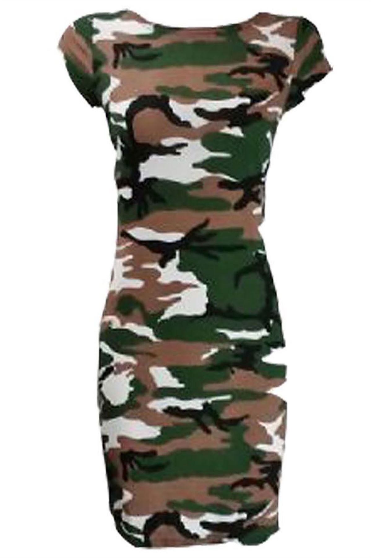 FAIRY BOUTIQUE Womens Cap Sleeve Bodycon Stretch Midi Dress Ladies Round Neck Fancy Parties Wear Dress Camouflage