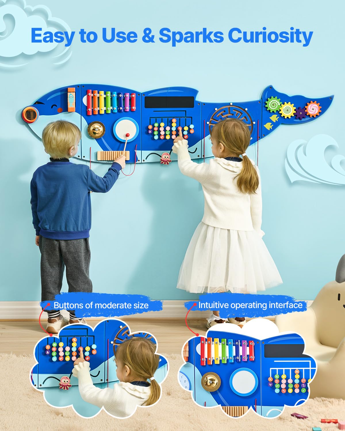 VEVOR Panneaux Muraux d'Activités Orque, 12 Jeux, Jouet Mural Sensoriel Montessori pour Enfants 3-12 Ans, Centre d'Activités d'apprentissage, Salle de Jeux des Tout-Petits, Crèche, Salle de Classe