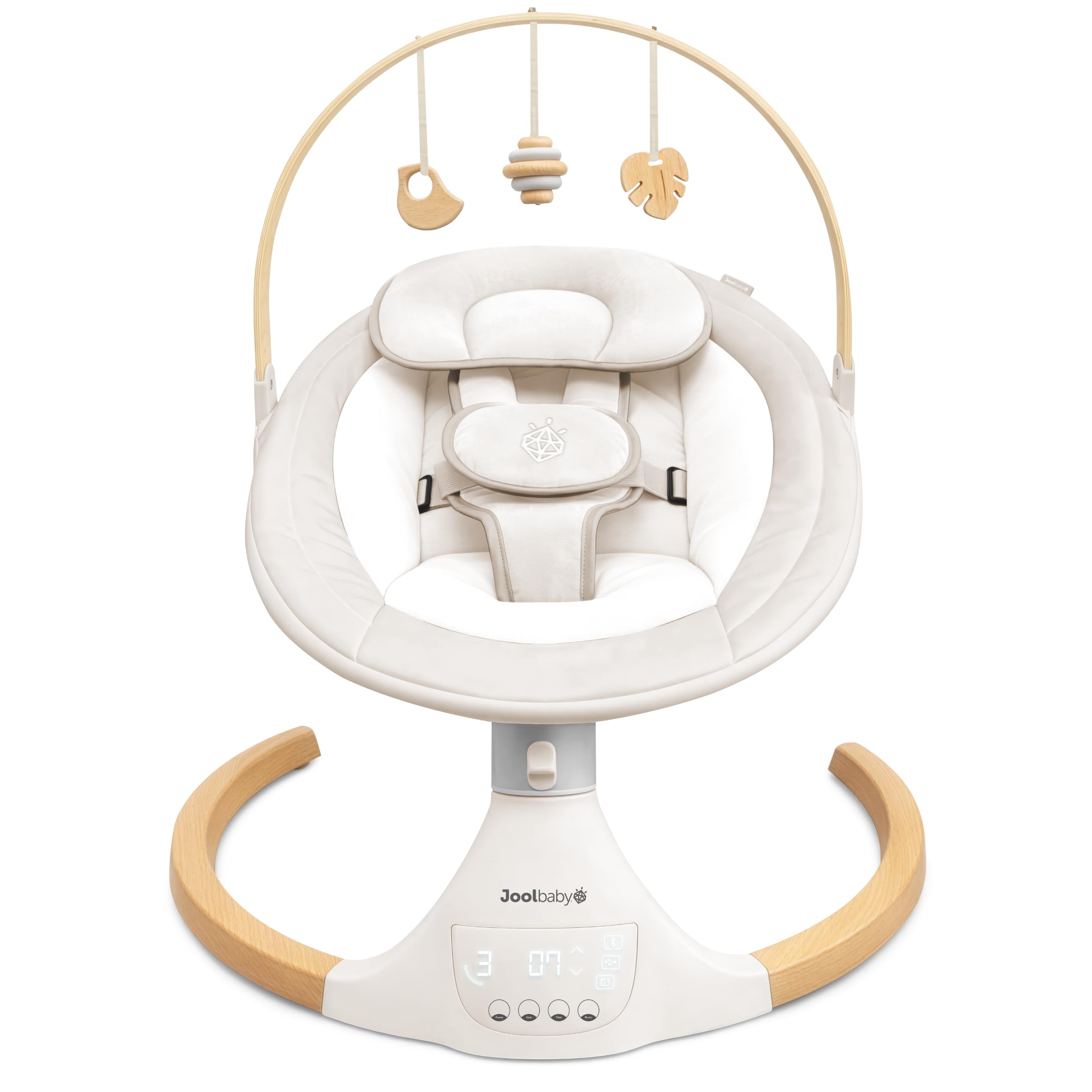 Jool Baby Nova Nature Baby Swing for Newborns with Natural Wood Toys, Electric Motorized Infant Swing, Bluetooth Music, Remote (Oatmeal)