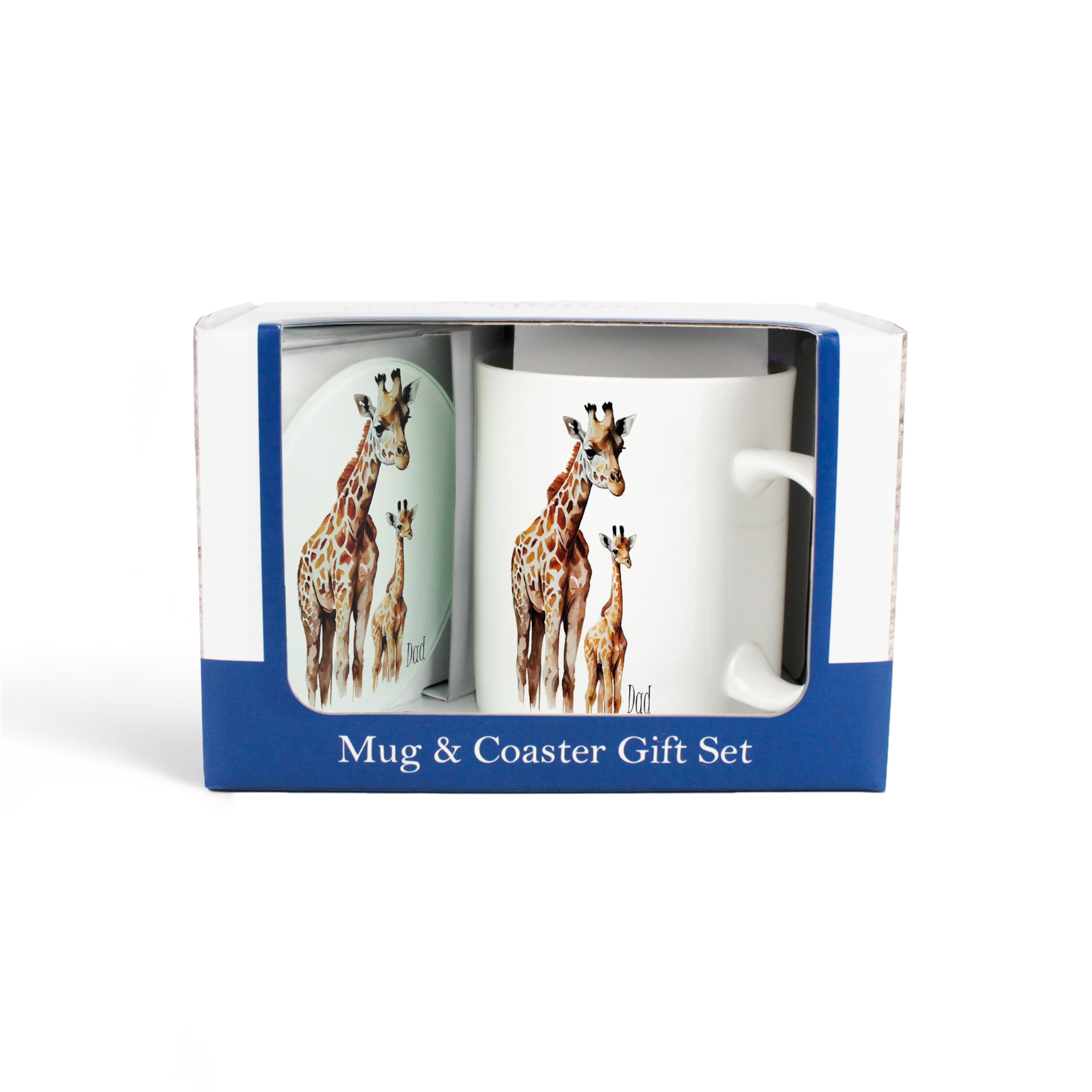 Purely Home Giraffe Mug & Coaster Gift Set - Dad & Baby Bone China Mug and Glass Coaster Set - Tea/Coffee Present for Dad