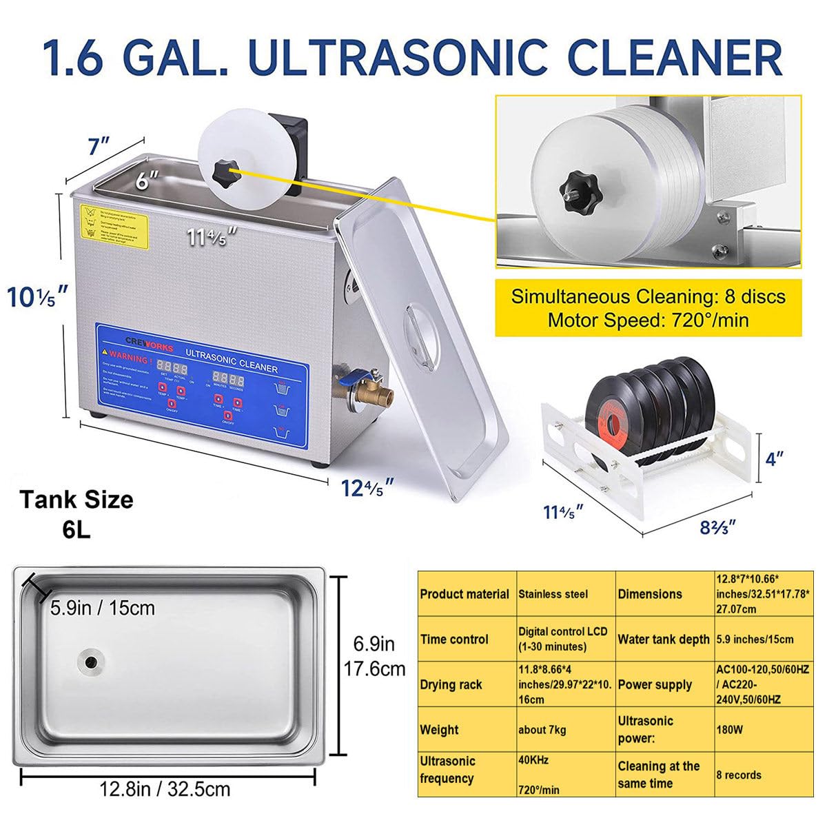 180w Pulitore Di Disco In Vinile Ad Ultrasuoni, Pulitori Per Dischi In Vinile Ad Ultrasuoni, Pulizia Di Dischi In Vinile Ad Ultrasuoni,Acciaio Inossidabile, Anti-Corrosione, Riduzione Del Rumore