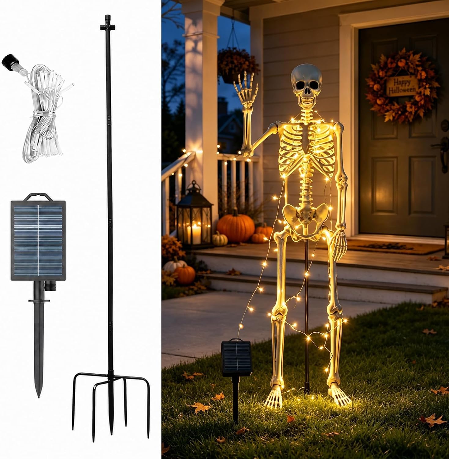Halloween-Skelettständer-Set mit Solar-Lichterkette（Skelett nicht enthalten）Wasserfeste Halloween-Deko für 150-170 cm Skelette, Zubehör für Garten, Rasen, Veranda, Terrasse & Friedhof-1P