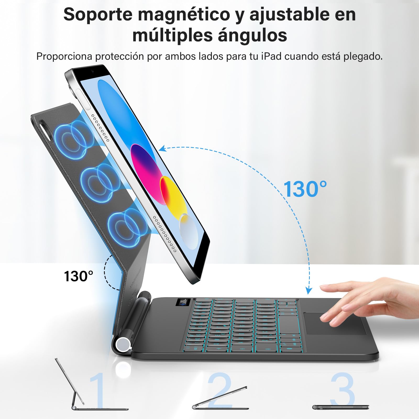 KBCASE Magic Keyboard iPad para Air 11'' M4 /M3/ Air 6/5/4 Gen y iPad Pro 11 4/3/2/1 Gen, Teclado iPad Air 11" con 7 Colores Retroiluminación, Trackpad Multitáctil, Indicador de batería, Español (Ñ)