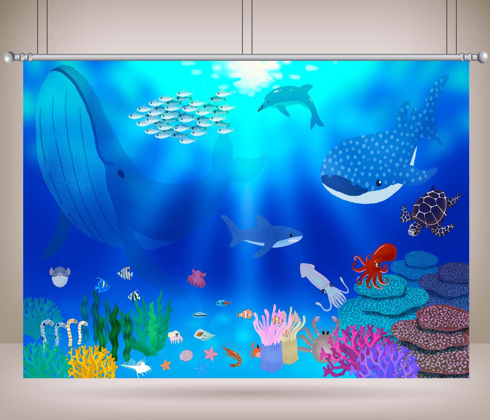 20x10FT (6x3m) Animali Sottomarini Colorati E Coralli Sfondo Fotografico | Avventura Oceanica Illustrata Fondale In Tessuto,Balene Delfini Tartaruga,Per Feste Marine E Foto Per Bambini,Photo Booth