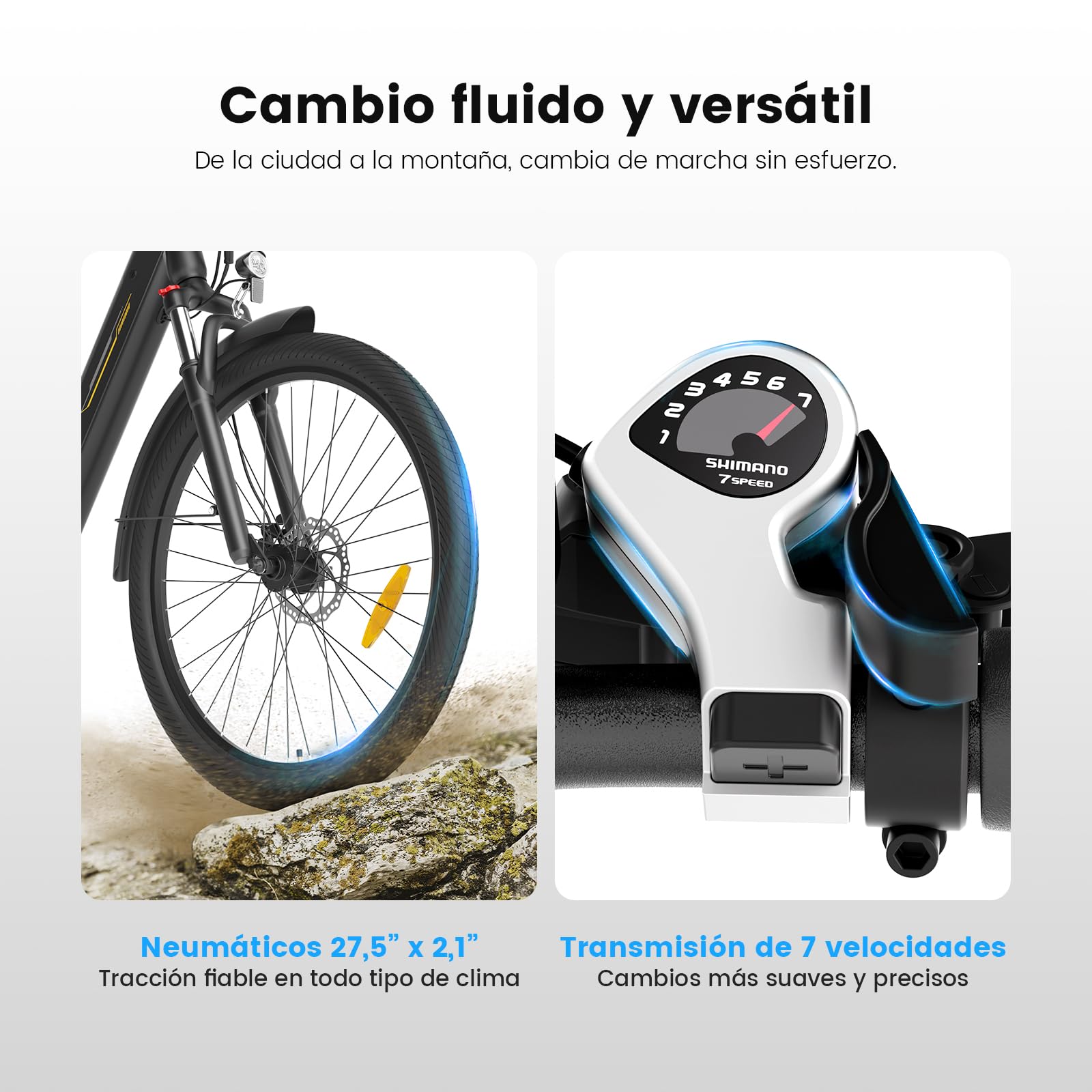 Bicicleta eléctrica de 27,5" para Mujer, Motor 250W, batería 36V 15,6Ah, autonomía hasta 100 km, Frenos de Disco mecánicos, suspensión Delantera, 7 velocidades