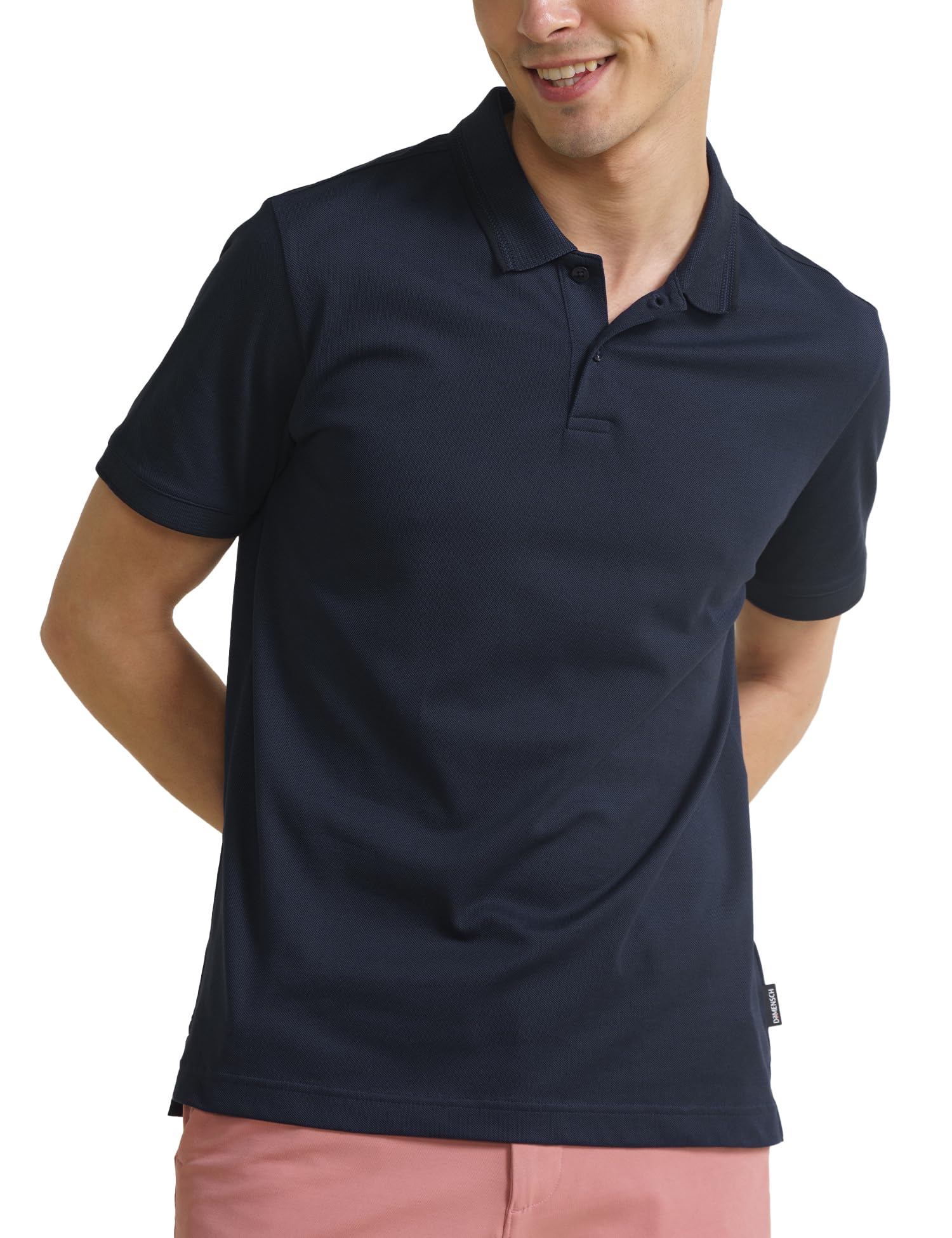DAMENSCH All-Degree Solid Buttoned Polo T Shirt for Man, Pique Textured, Cotton, Thermoregulating Mens T Shirts with Collar, Recycled Fabric Tshirt Polo-True Navy-L