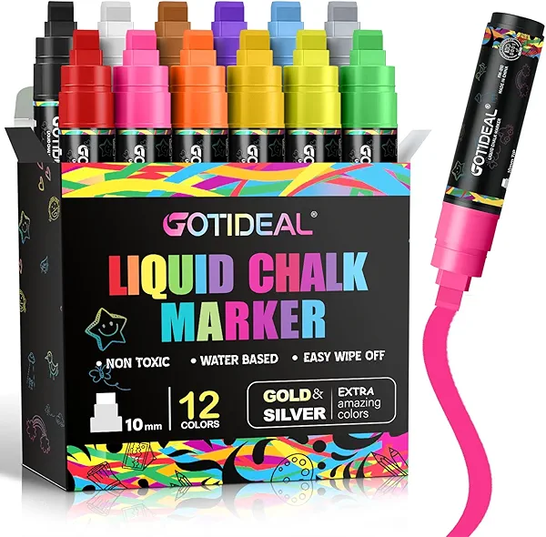 GOTIDEAL Window Markers, Jumbo Chalk Markers for Blackboard, Washable Car Marker for Chalkboard,Glass Mirrow,10mm Thick Tip12 Colors With Metallic Colors