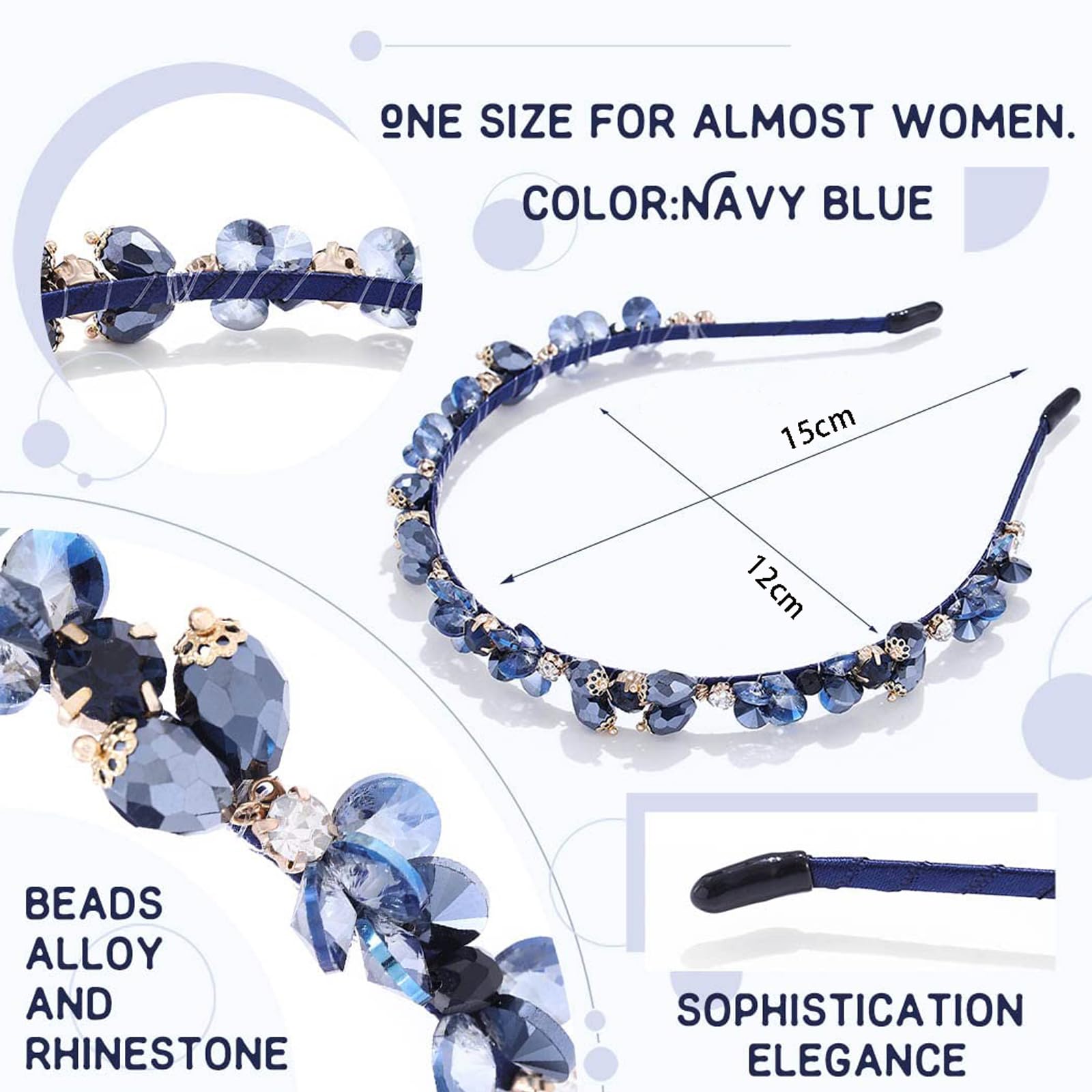 SSyang Bling Rhinestone Crystal Hair Band Navy Blue Gem Vintage Thin Hair Band Party Prom Hair Accessories for Women and Girls 15 x 12 cm (Blue) - Image 2