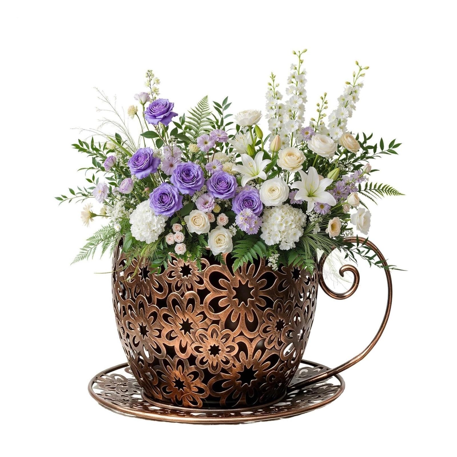 Teacup Iron Planter, Cute Hollow Flower Pot Indoor Outdoor Farmhouse Decor