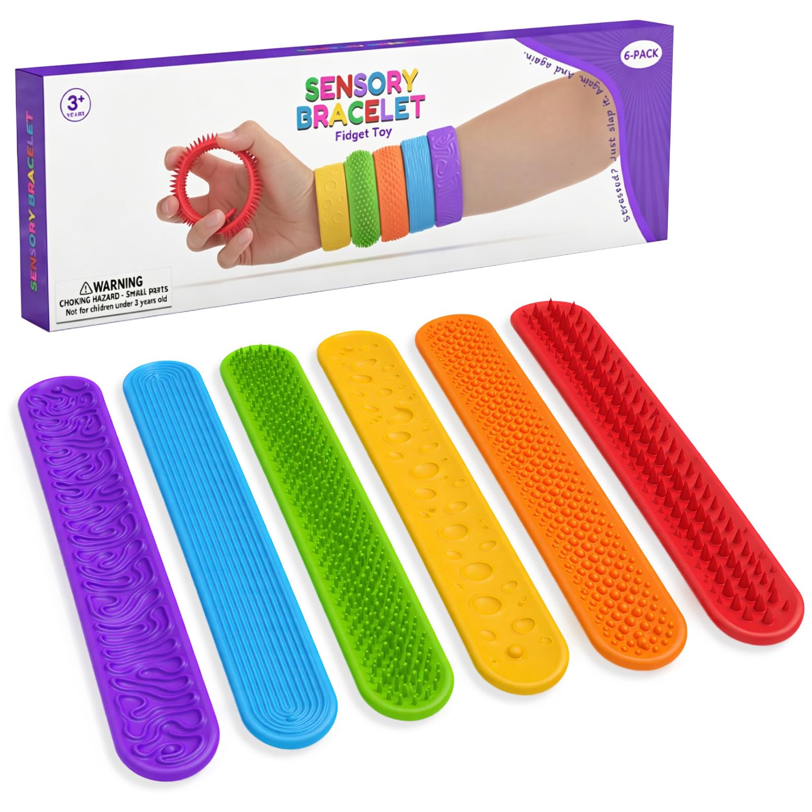 6 Pcs Textured Touch Sensory Toys, Mixed Colour Silicone Fidget Toys for Kids with Quiet Slap Band Design, Kids Bracelet for School and Party Favours, Safe Toy for Kids for Daily Calming and Play