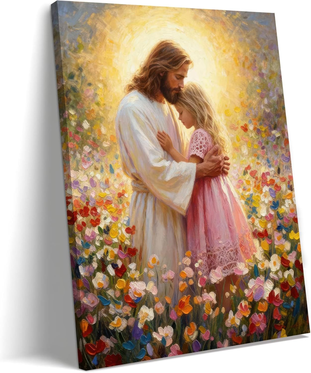 Jesus with Little Girl Canvas Wall Art Jesus Hugging Girl Wall Decor Bible Story Pictures Christian Religious Poster Prints for Children's Bedroom Prayer Study Room 24x36in Ready to Hang