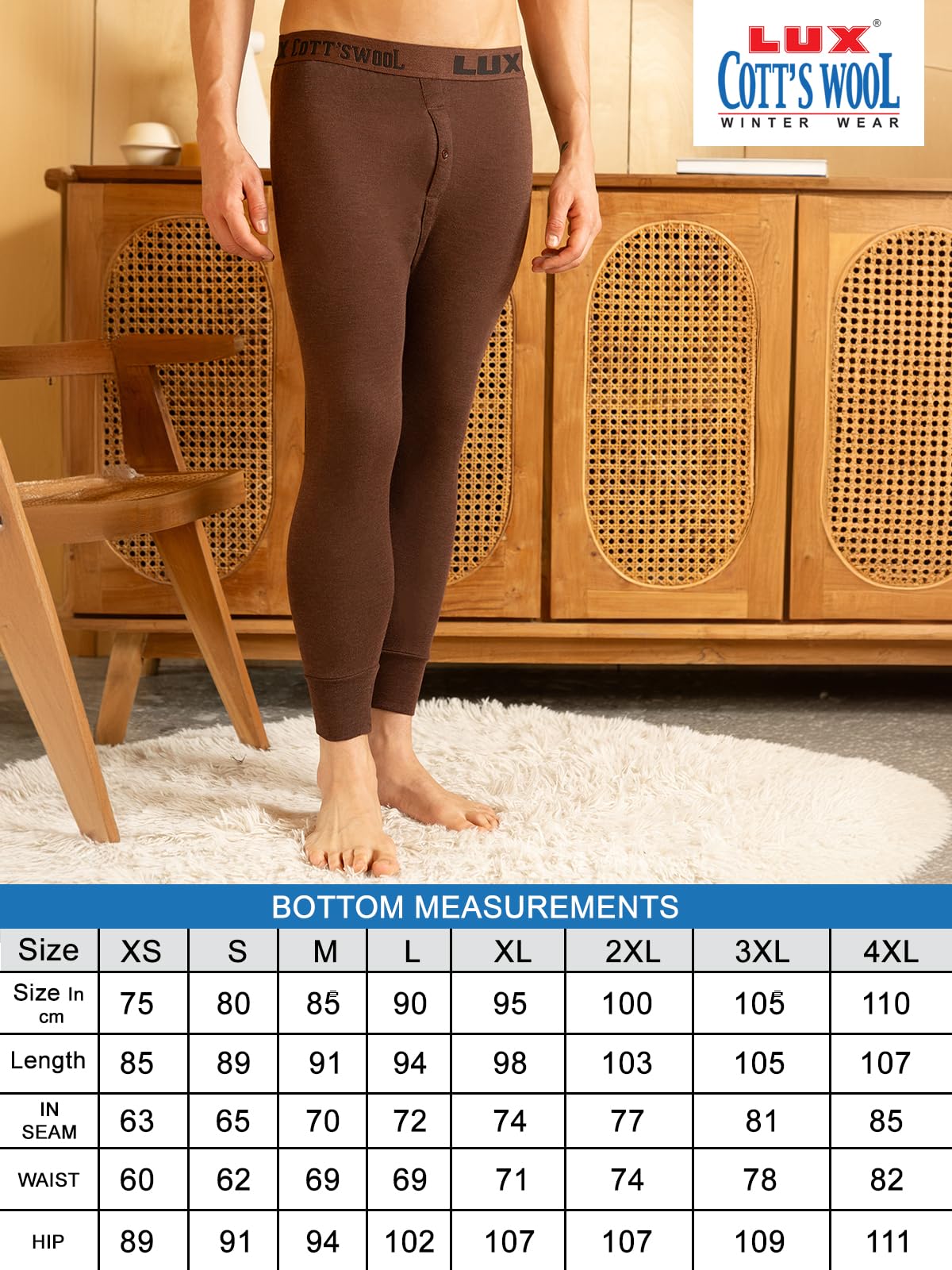 Lux Cott's Wool Men's Brown Solid Winter wear Thermal Bottom (Size : 75cm) - Image 6 thumbnail