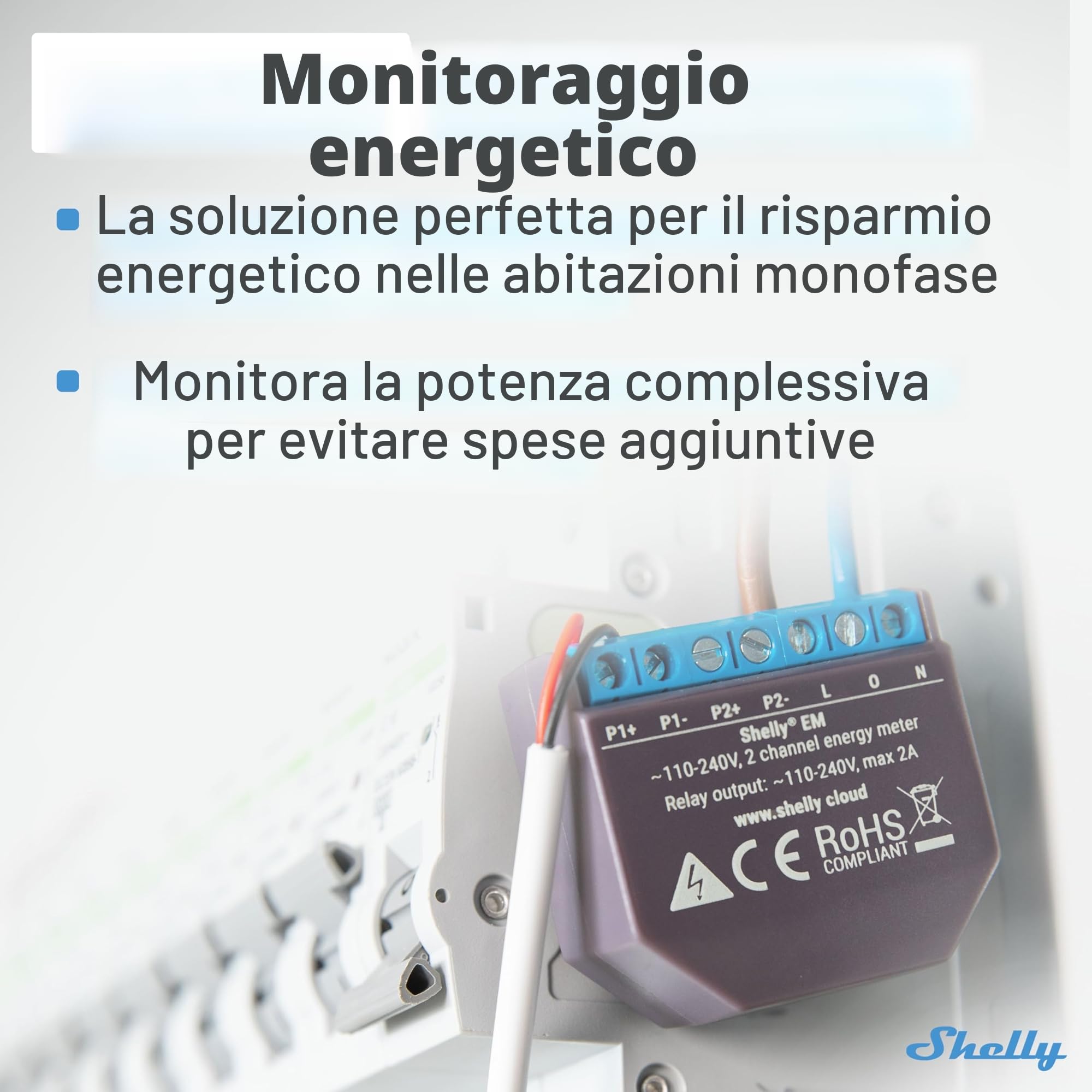 Shelly EM, Contatore di Energia Elettrica Intelligente, Monofase a 2 canali (120A per canale), Monitoraggio fotovoltaico, Controllo contattore remoto, App iOS Android, Alexa, Google Home