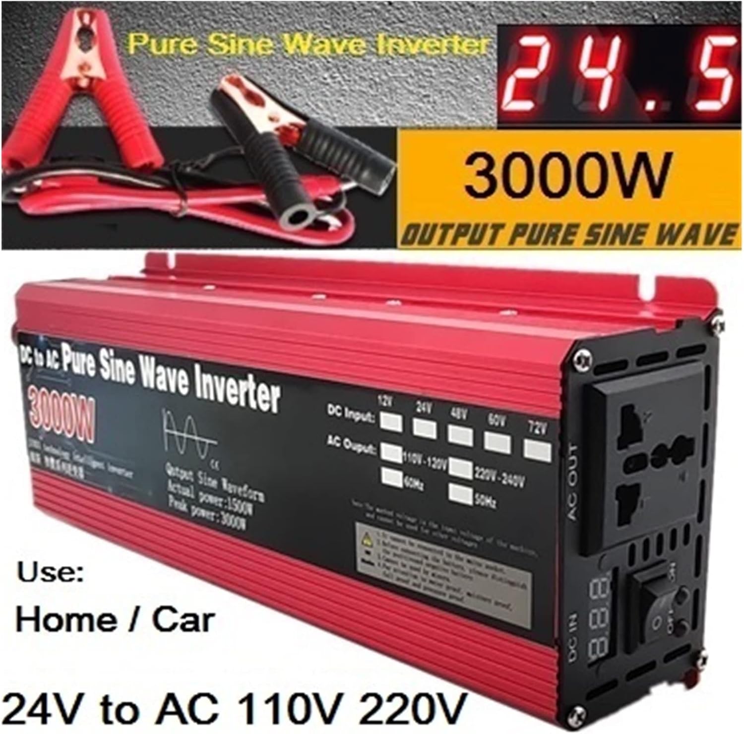 Pure Sine Wave Inverter 12V/24V to AC110V 220V 1000W 2000W 3000W Voltage Transformer Power Converter Solar Inverter LED Display(24V 3000W,110V 60Hz)